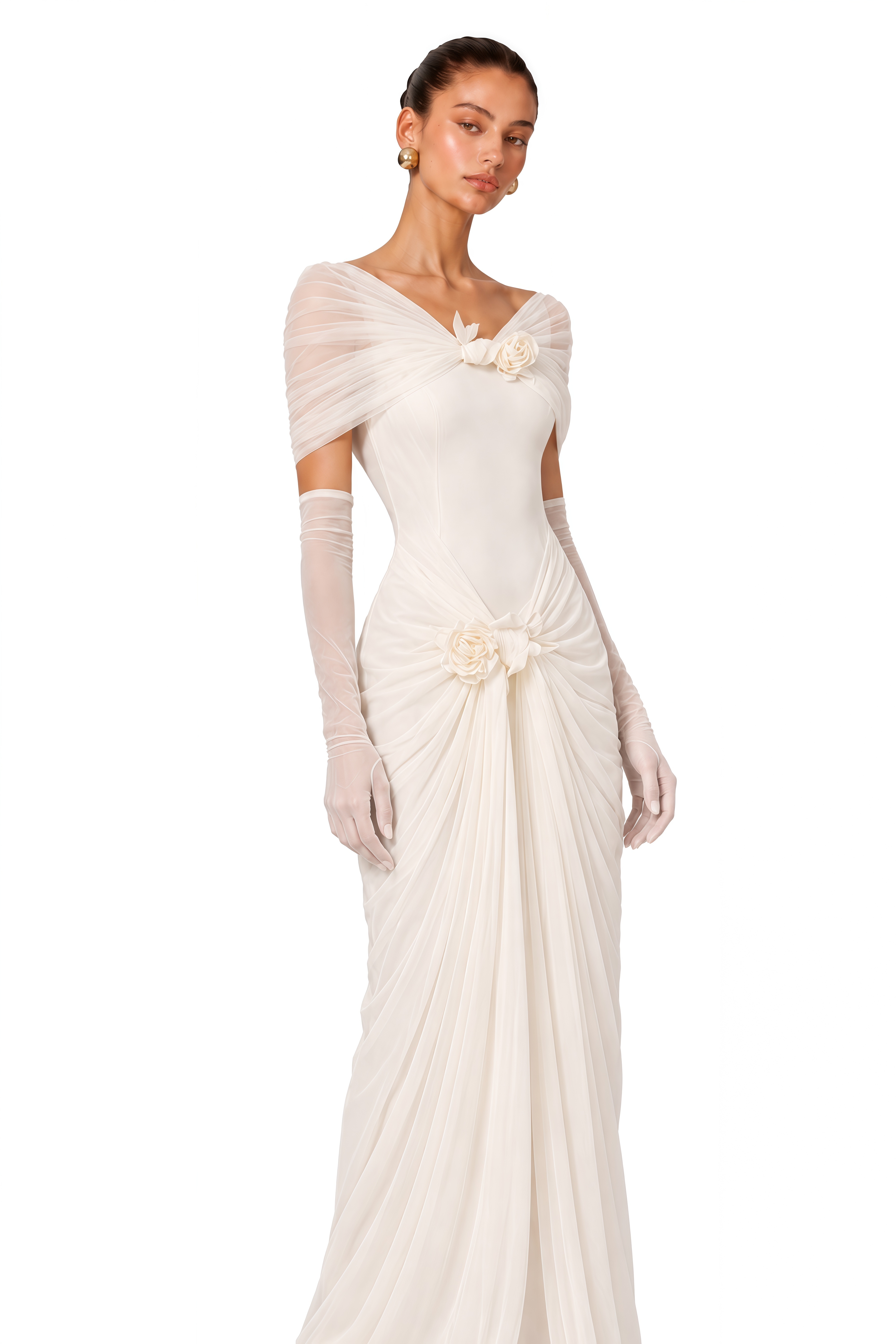 Elodie Ivory Off Shoulder Floral Draped Maxi Dress