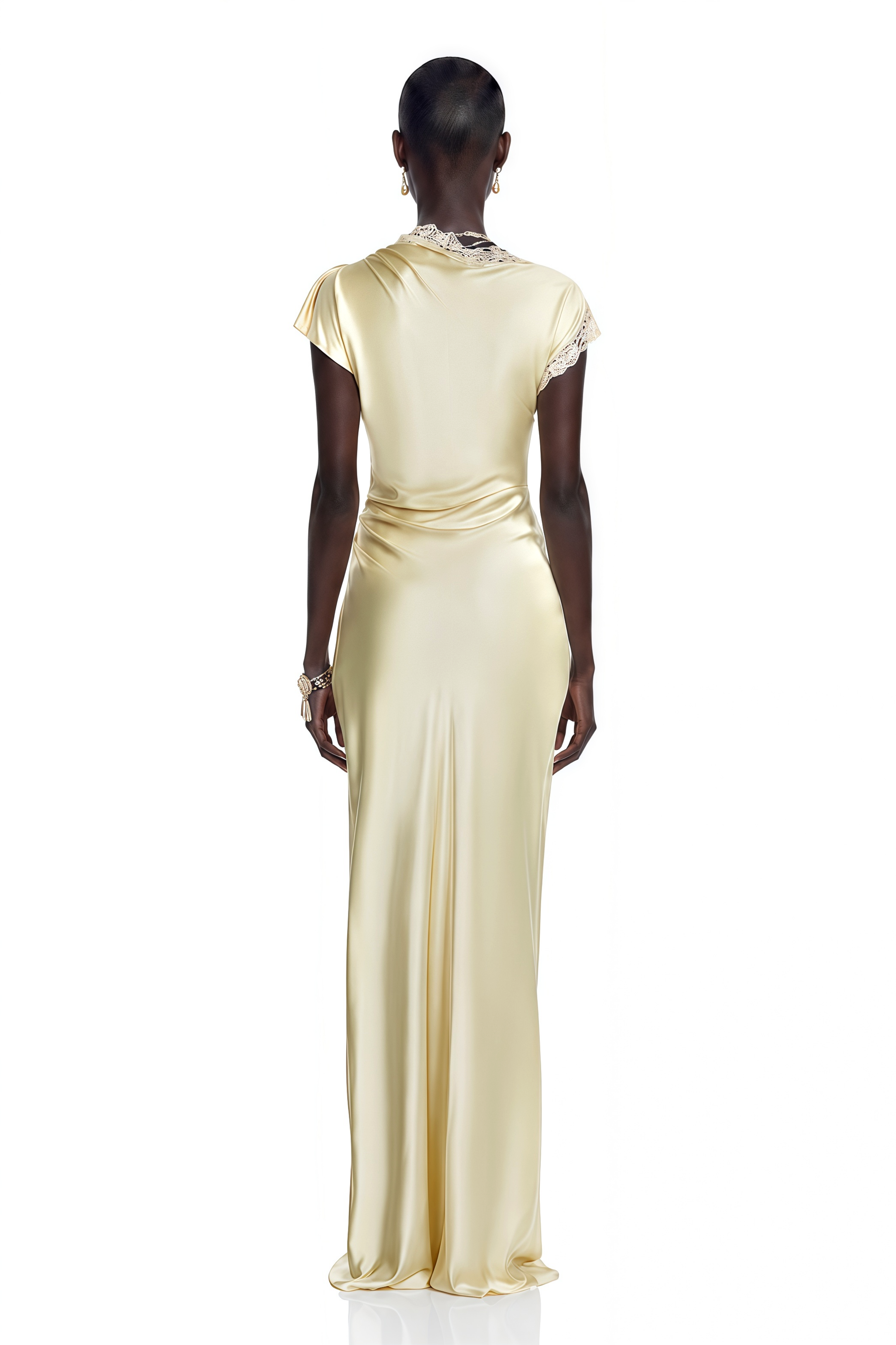 Elowen Yellow Satin Maxi Dress with Lace Trim and Slit