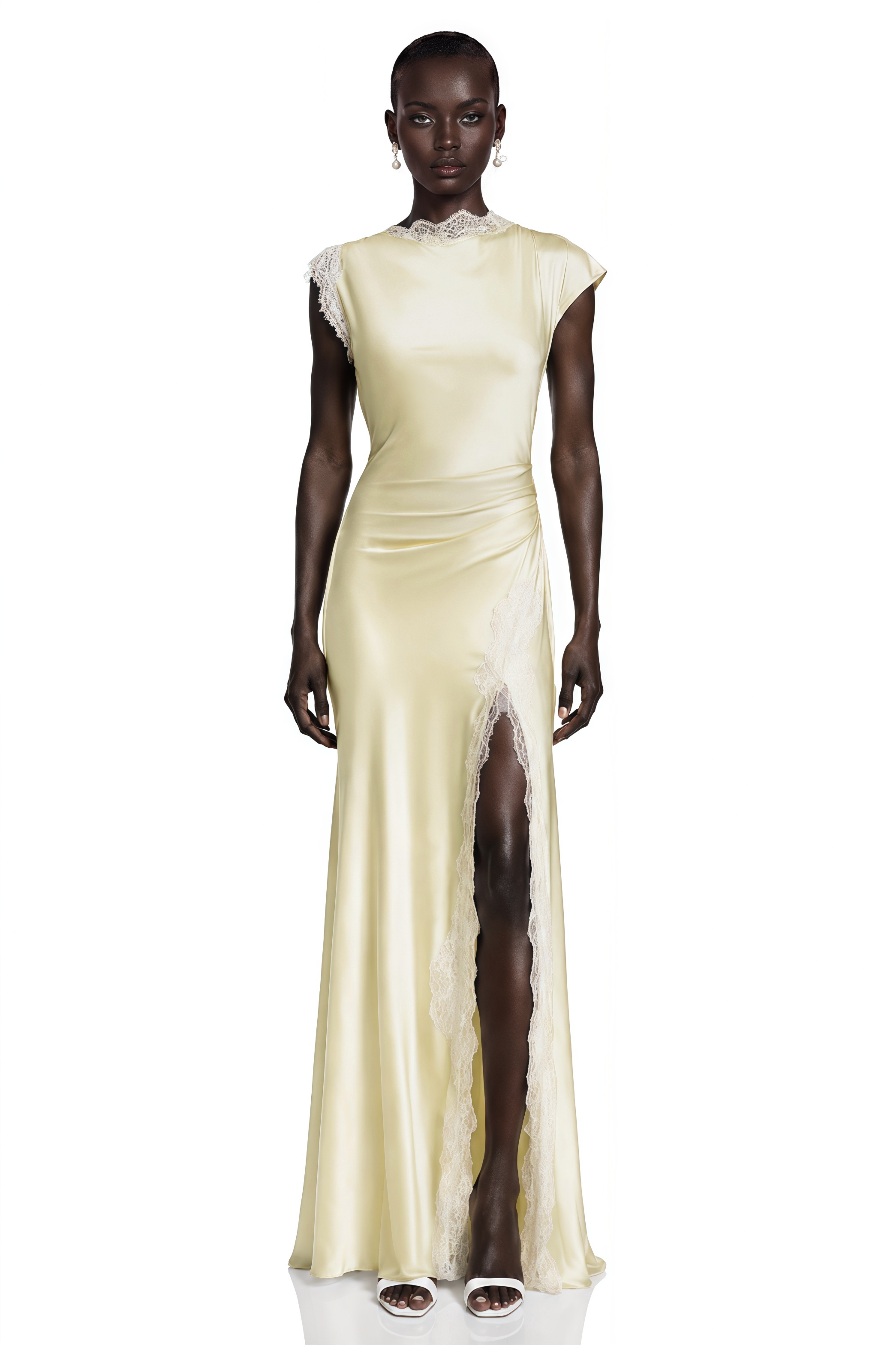 Elowen Yellow Satin Maxi Dress with Lace Trim and Slit