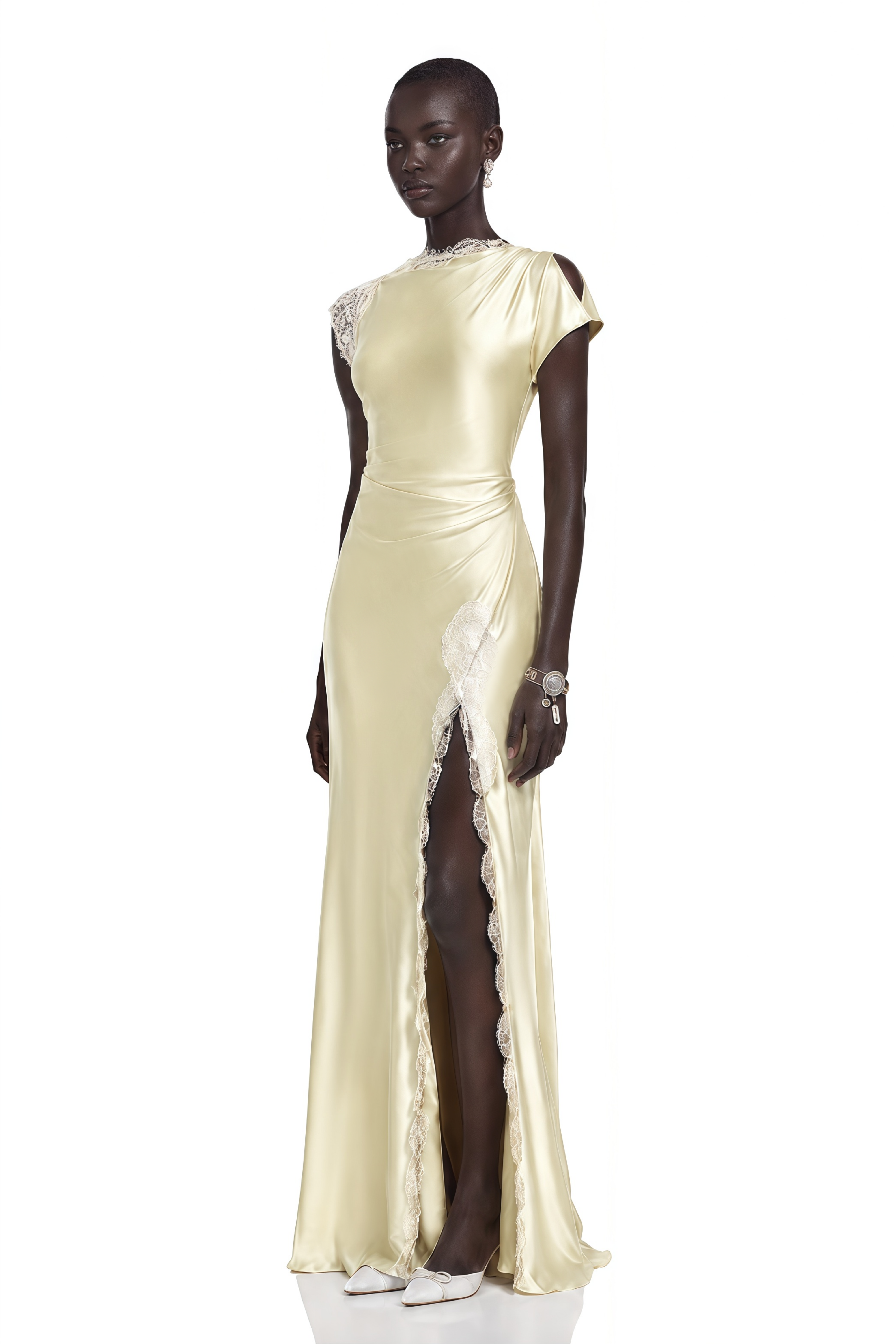 Elowen Yellow Satin Maxi Dress with Lace Trim and Slit