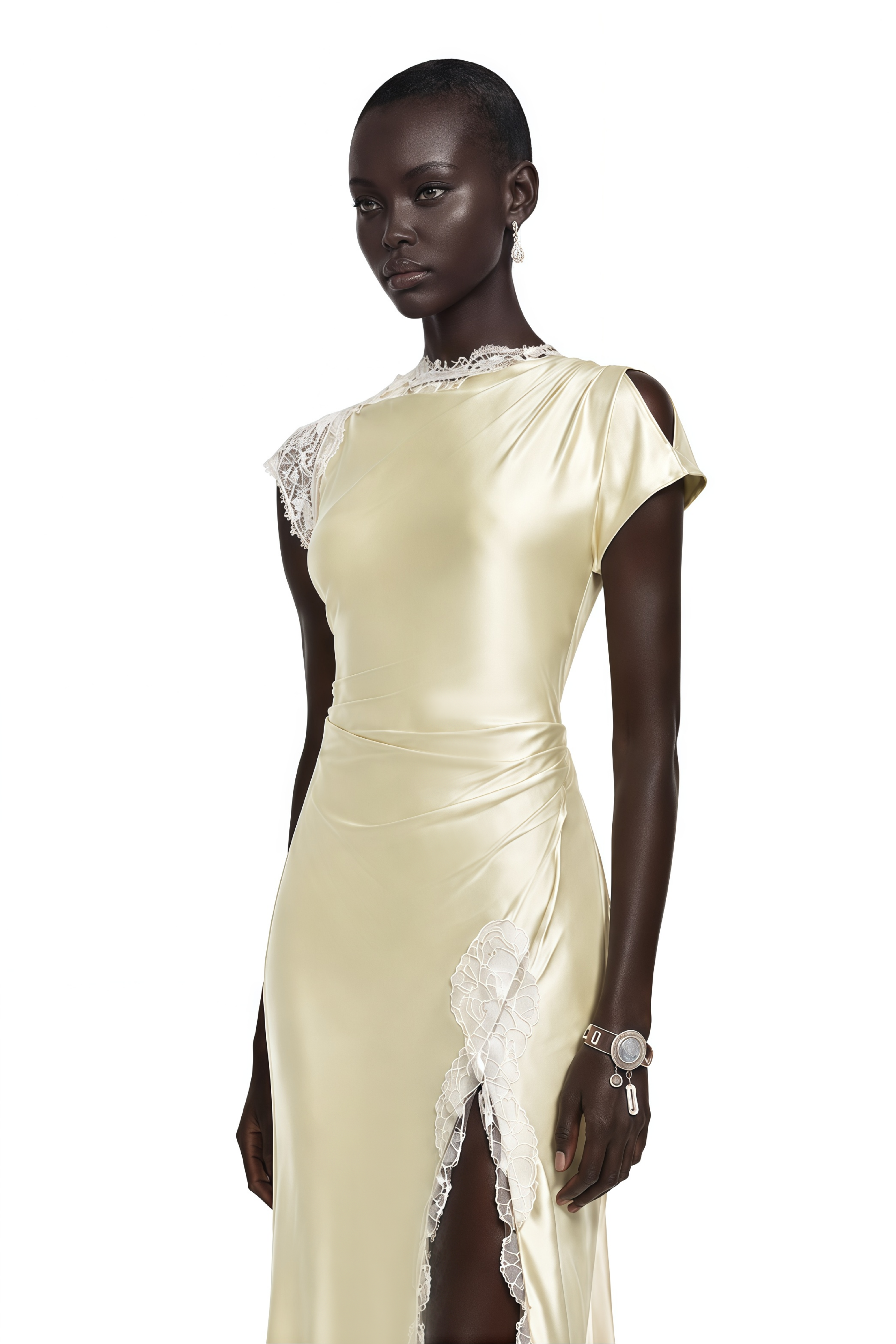 Elowen Yellow Satin Maxi Dress with Lace Trim and Slit