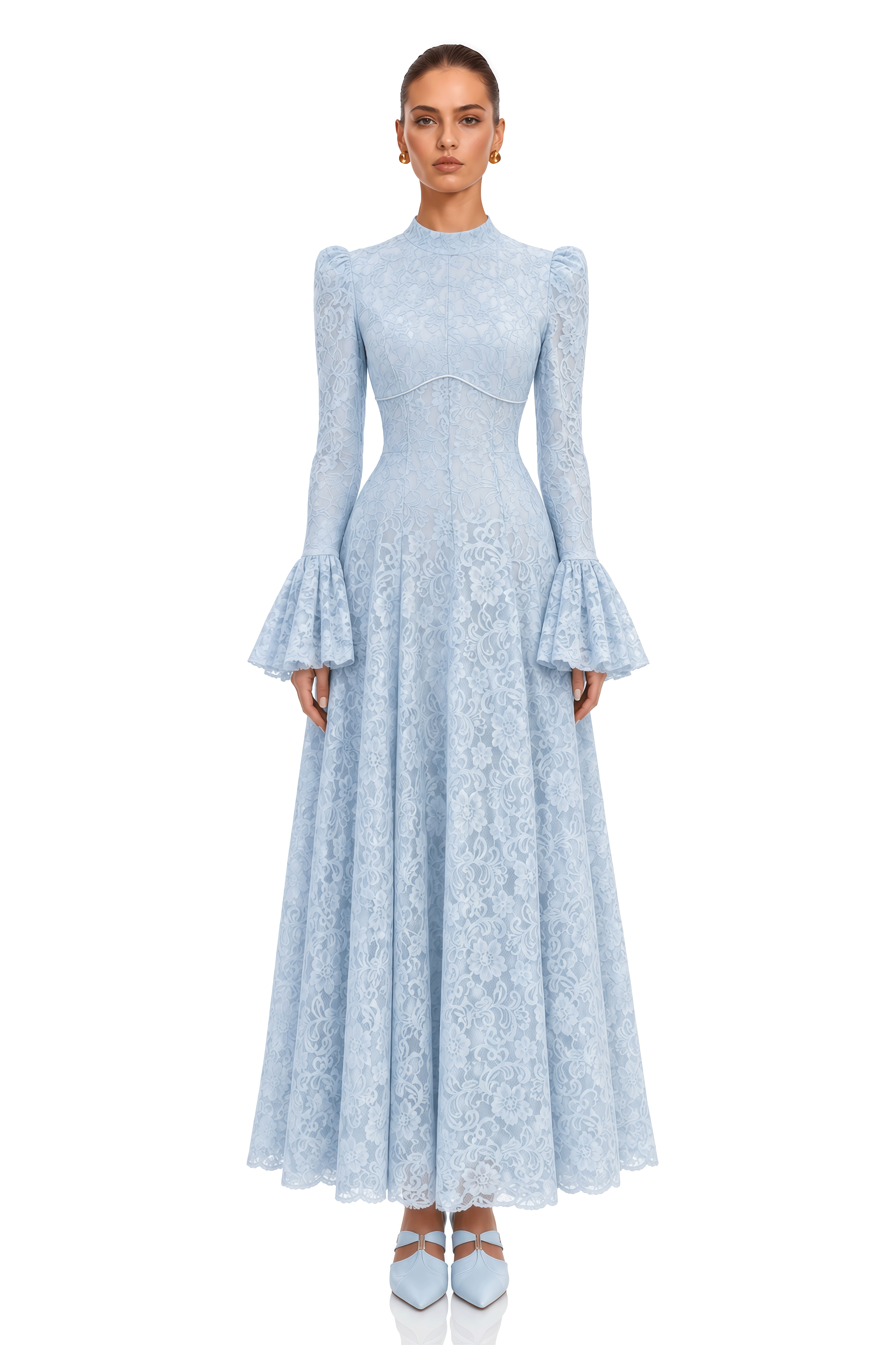 Elowena Blue Floral Lace High Neck Maxi Dress