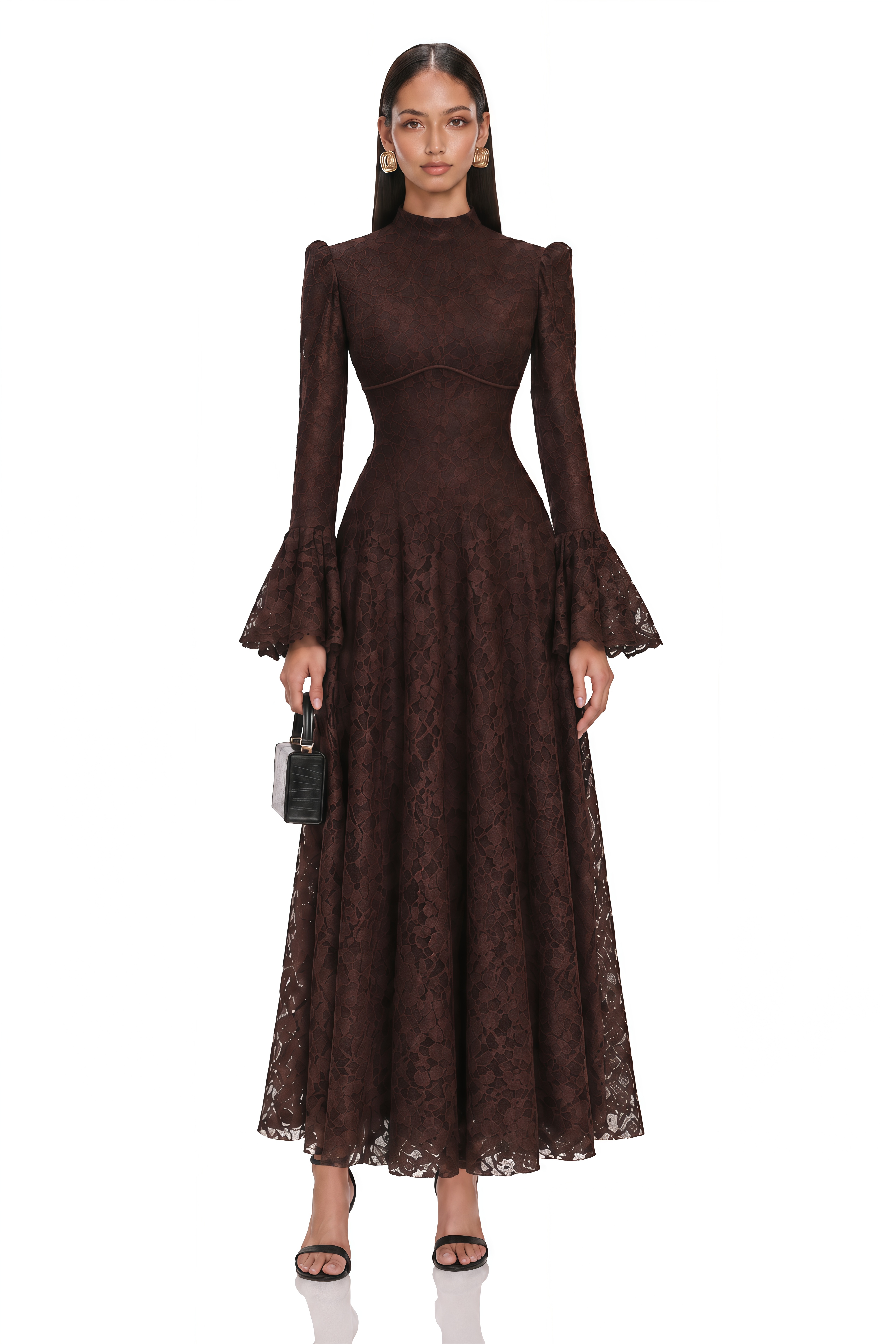 Elowena Brown Floral Lace High Neck Maxi Dress