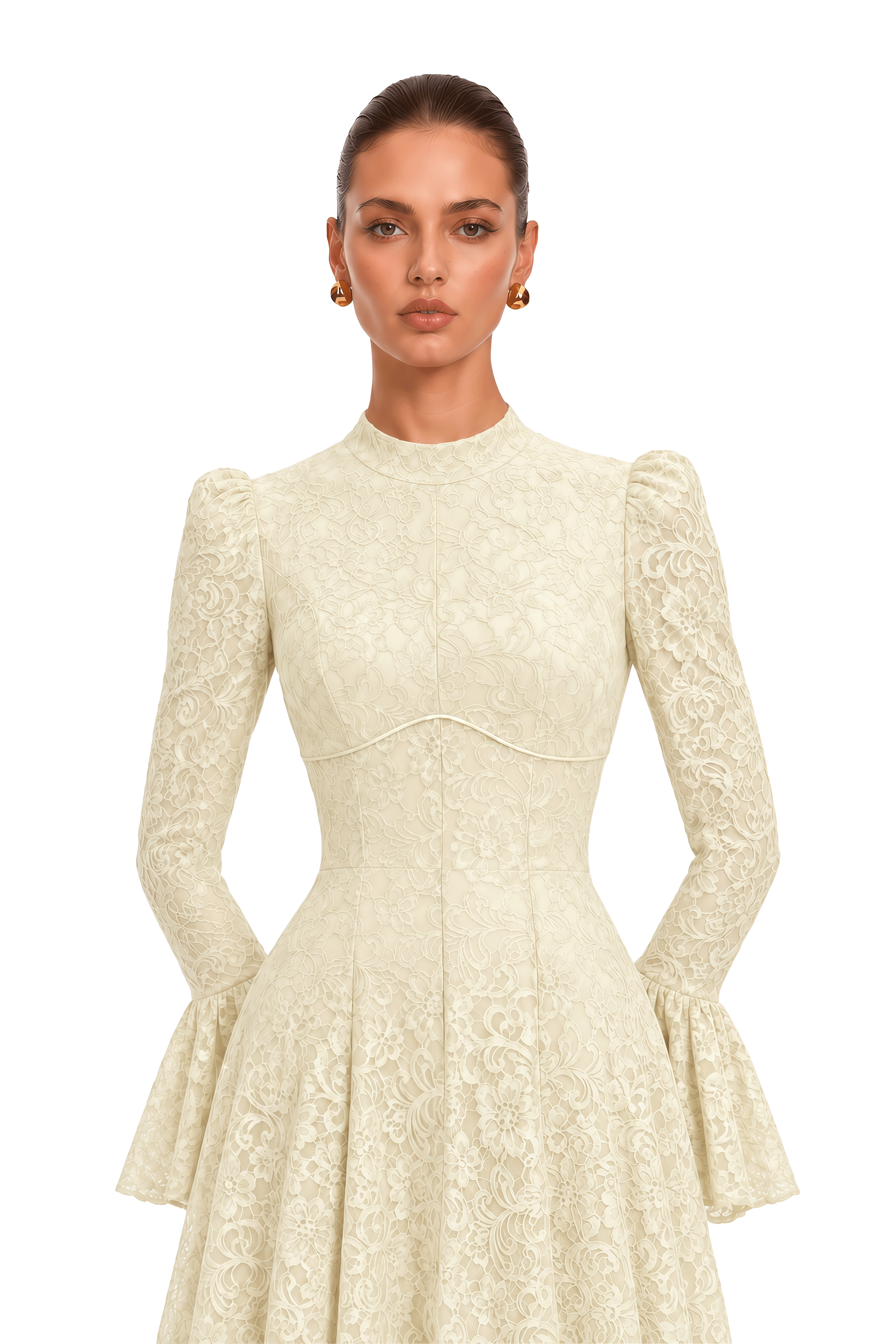 Elowena Ivory Floral Lace High Neck Maxi Dress