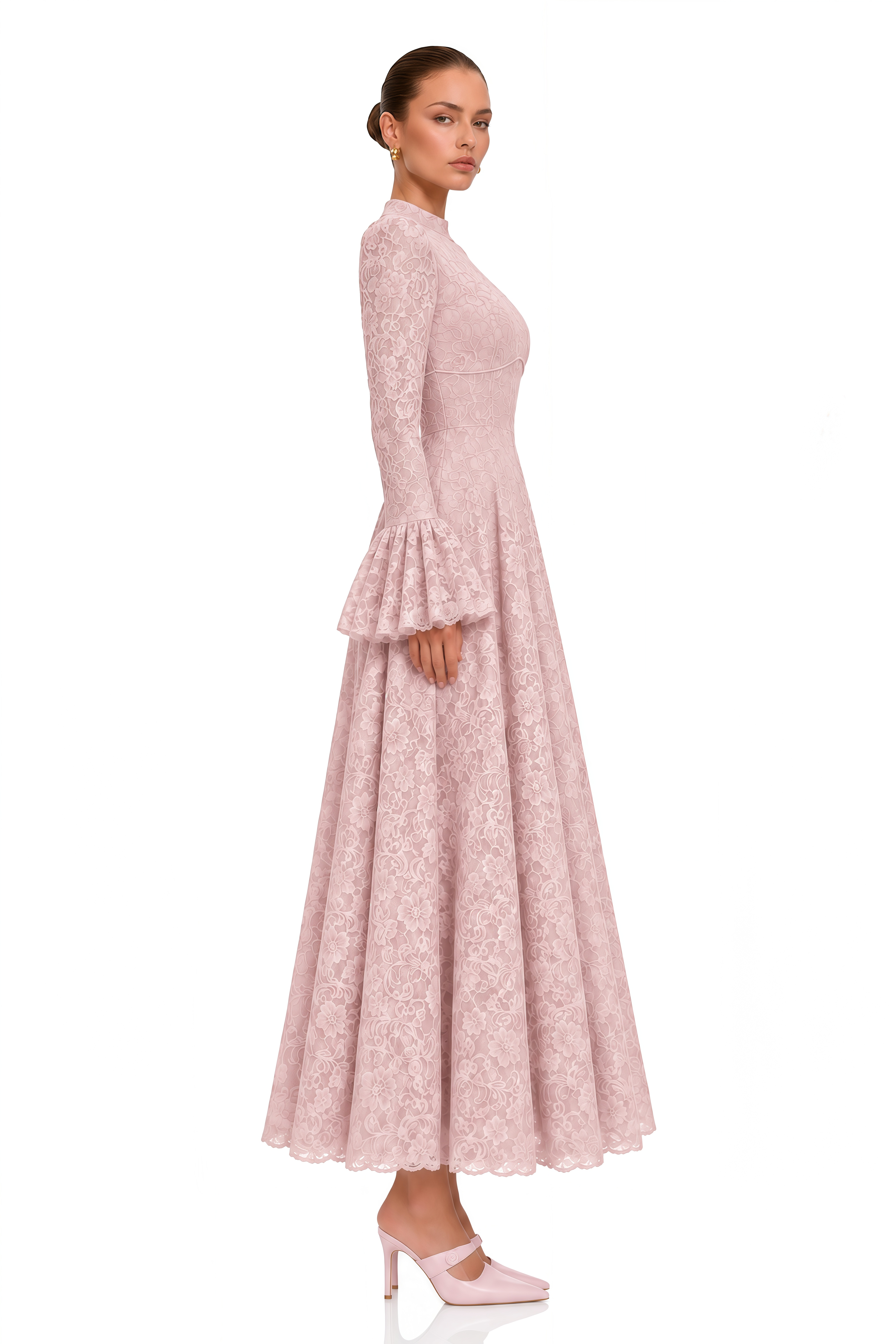 Elowena Pink Floral Lace High Neck Maxi Dress