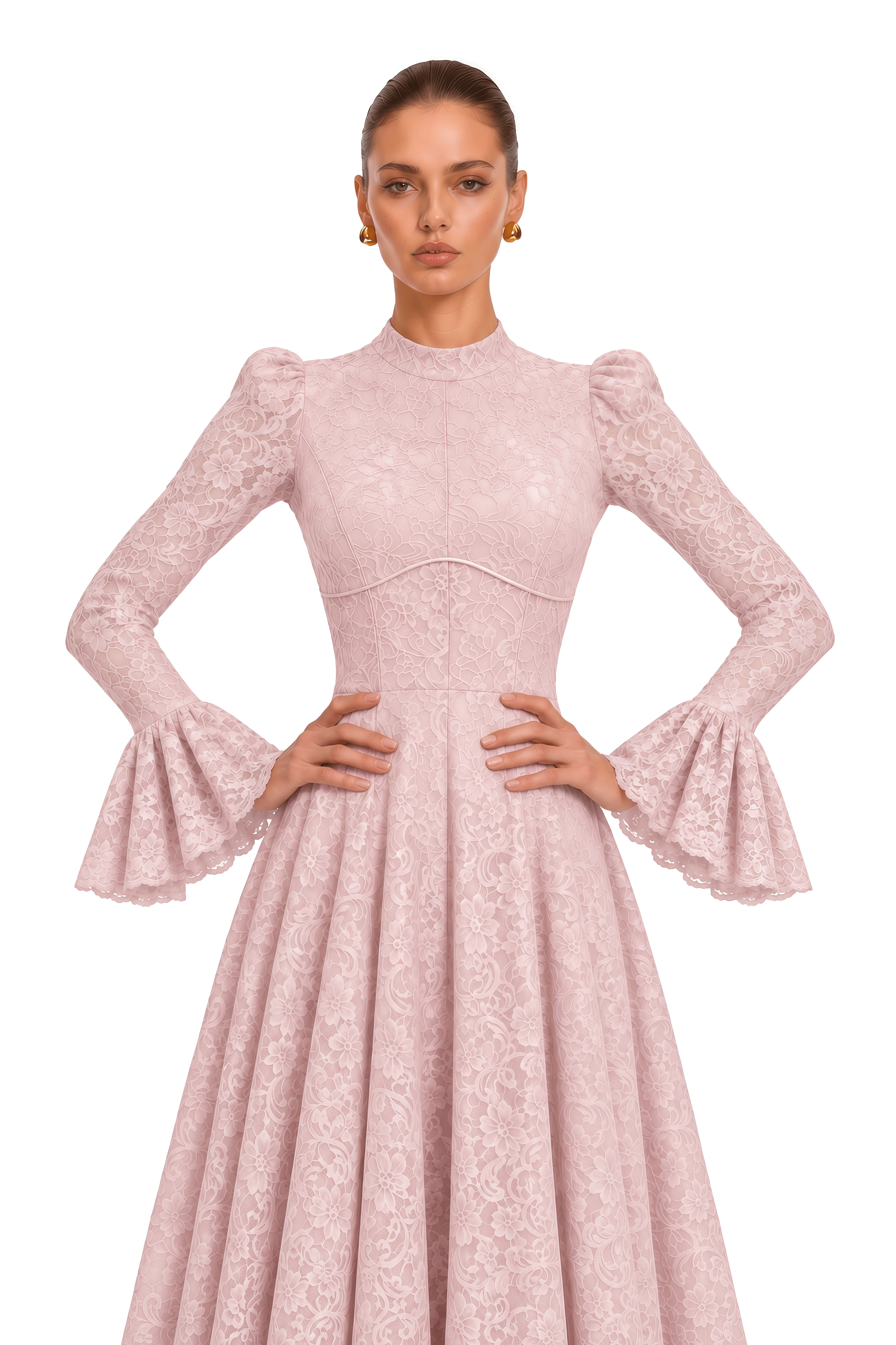 Elowena Pink Floral Lace High Neck Maxi Dress