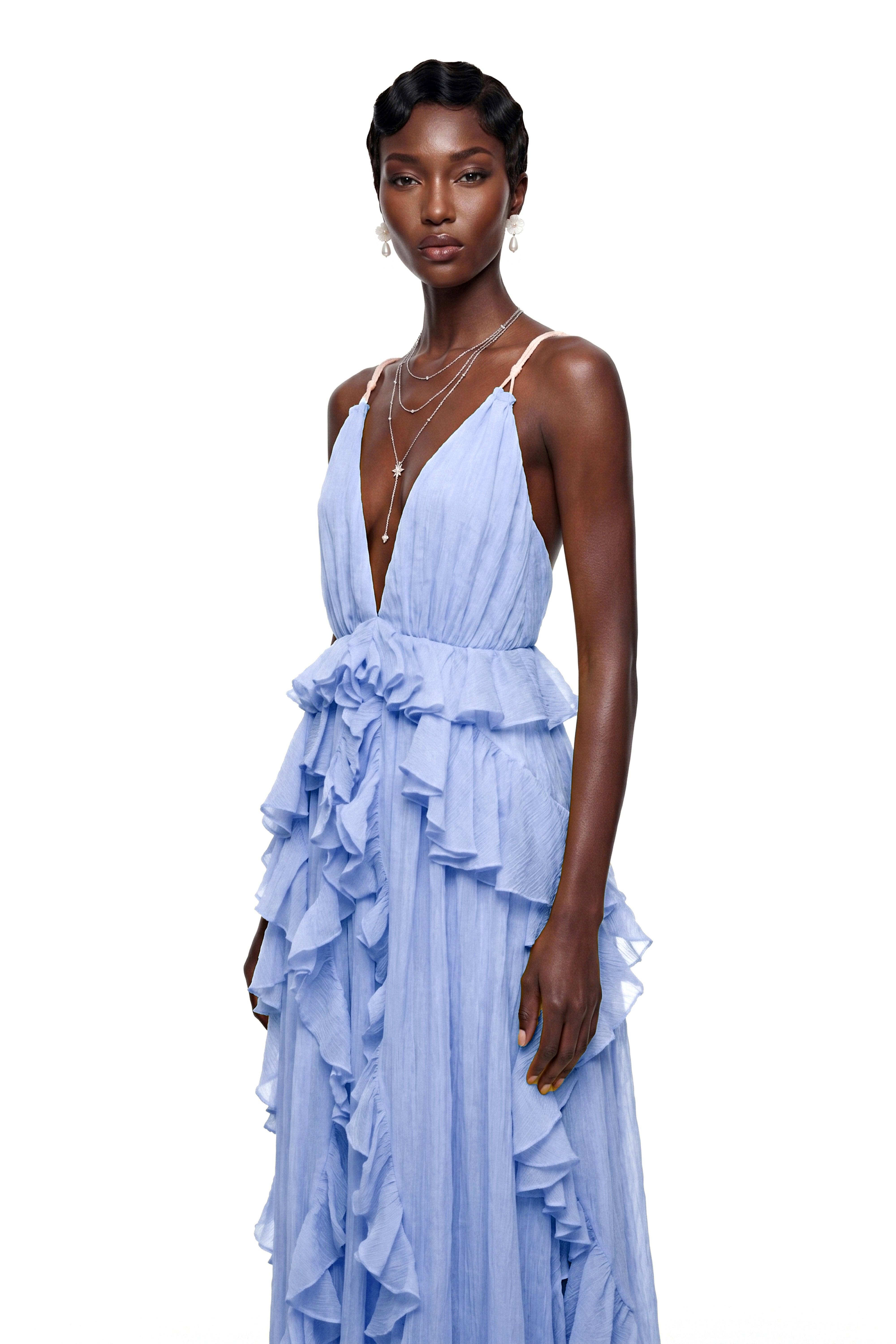Light blue maxi dress with a plunging V-neckline and tiered vertical ruffles