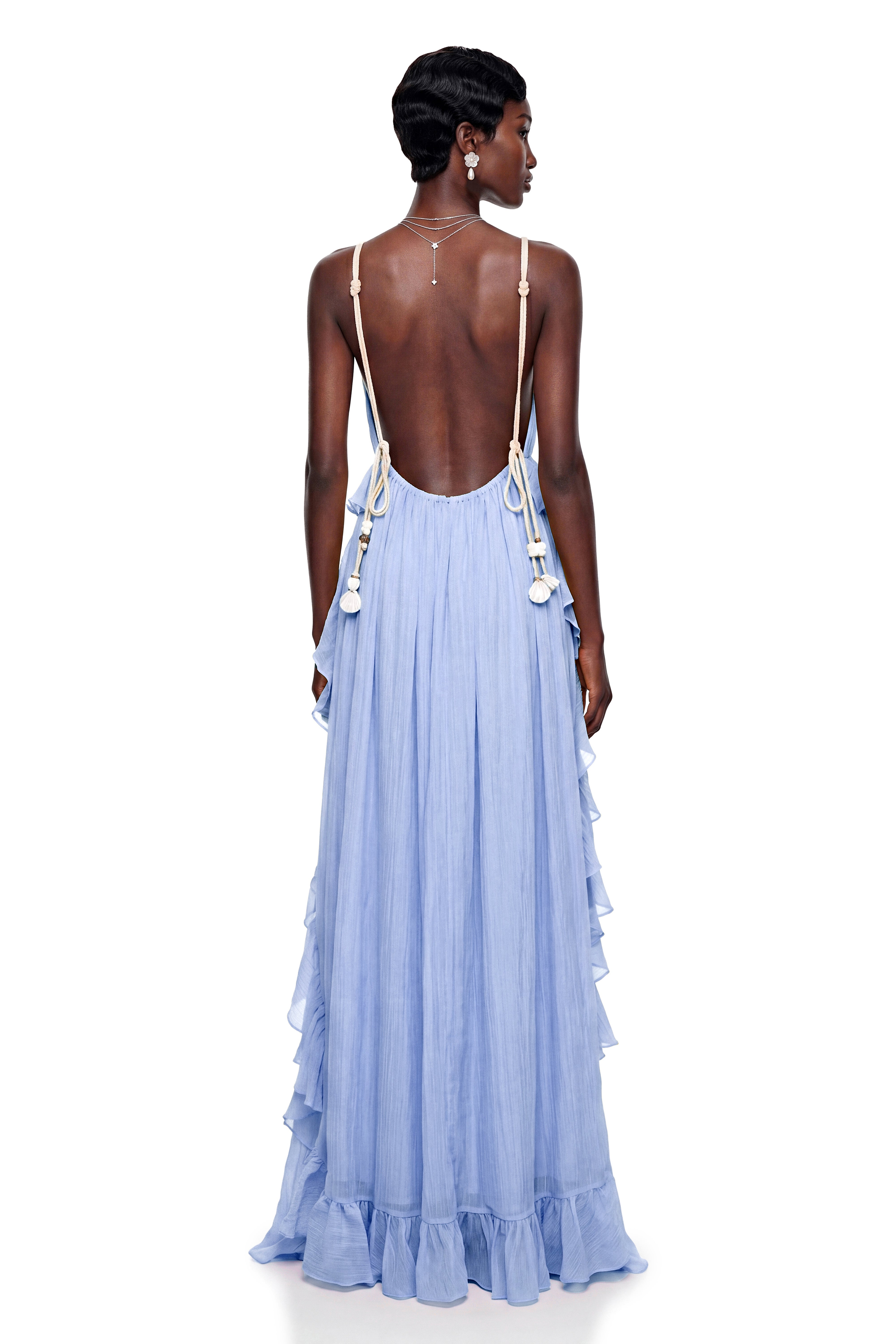 Light blue maxi dress with a plunging V-neckline and tiered vertical ruffles