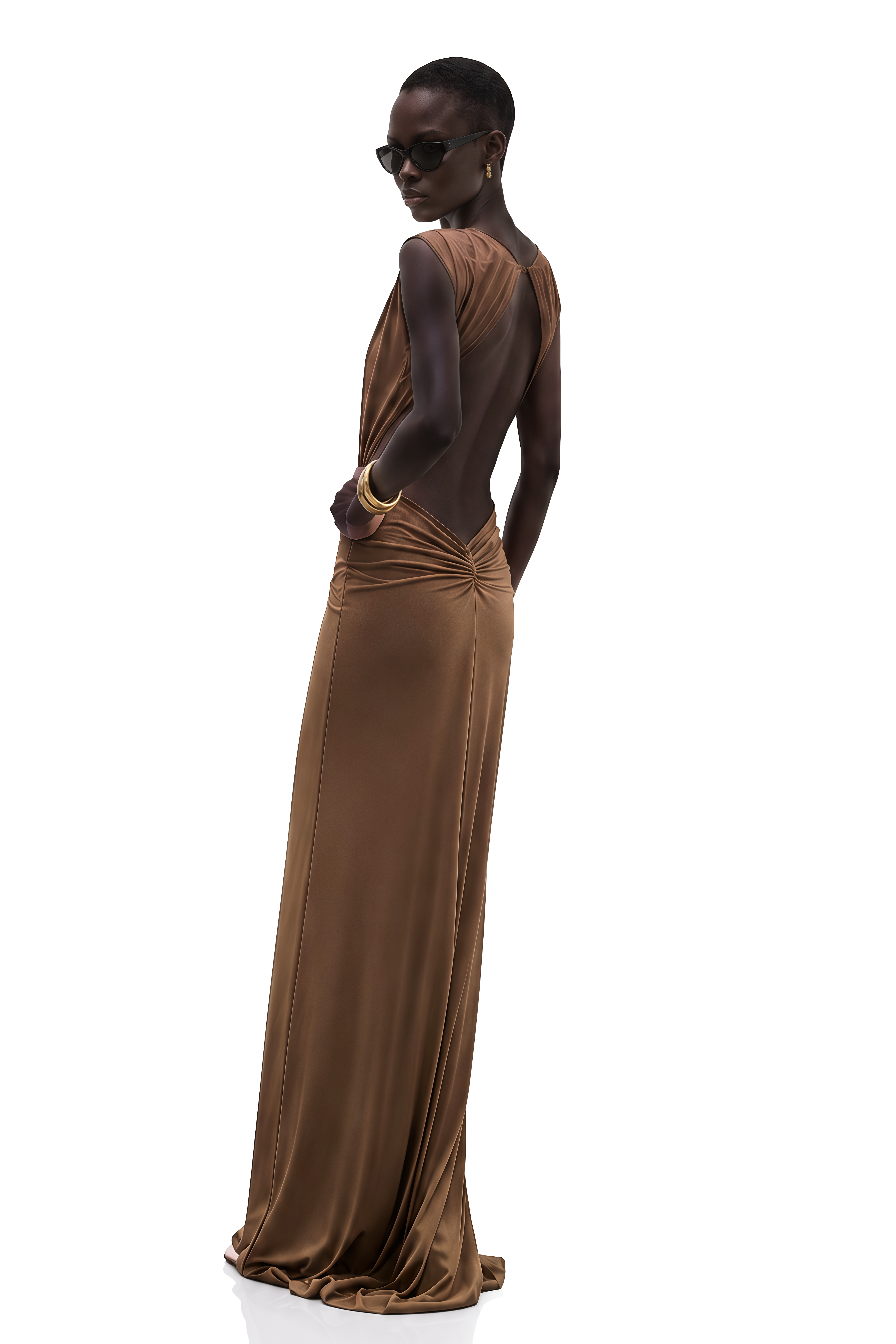 Else Brown Deep V-Neck Twisted Maxi Dress