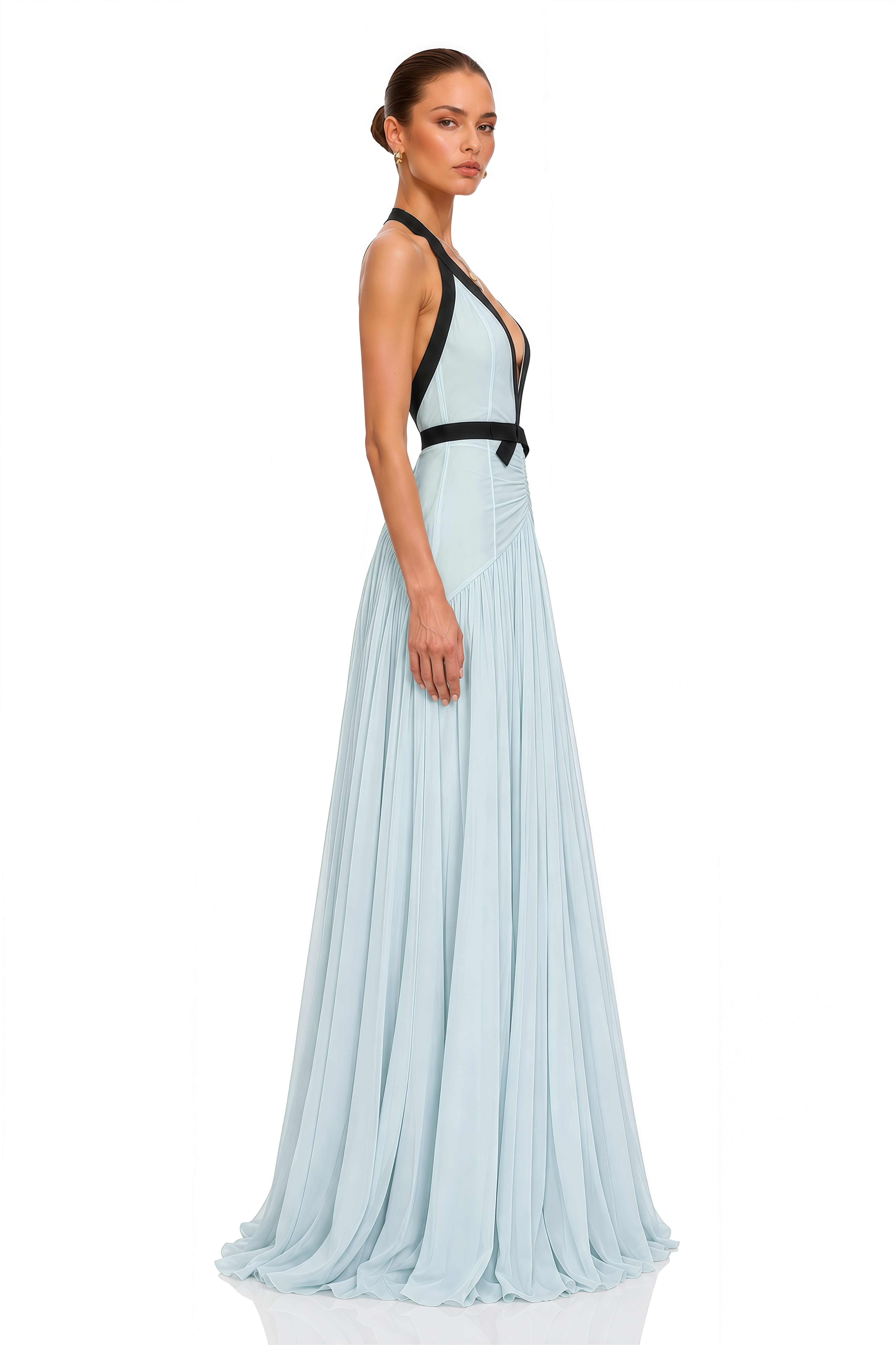 Elsie Blue Contrast Halterneck Ruched Maxi Dress