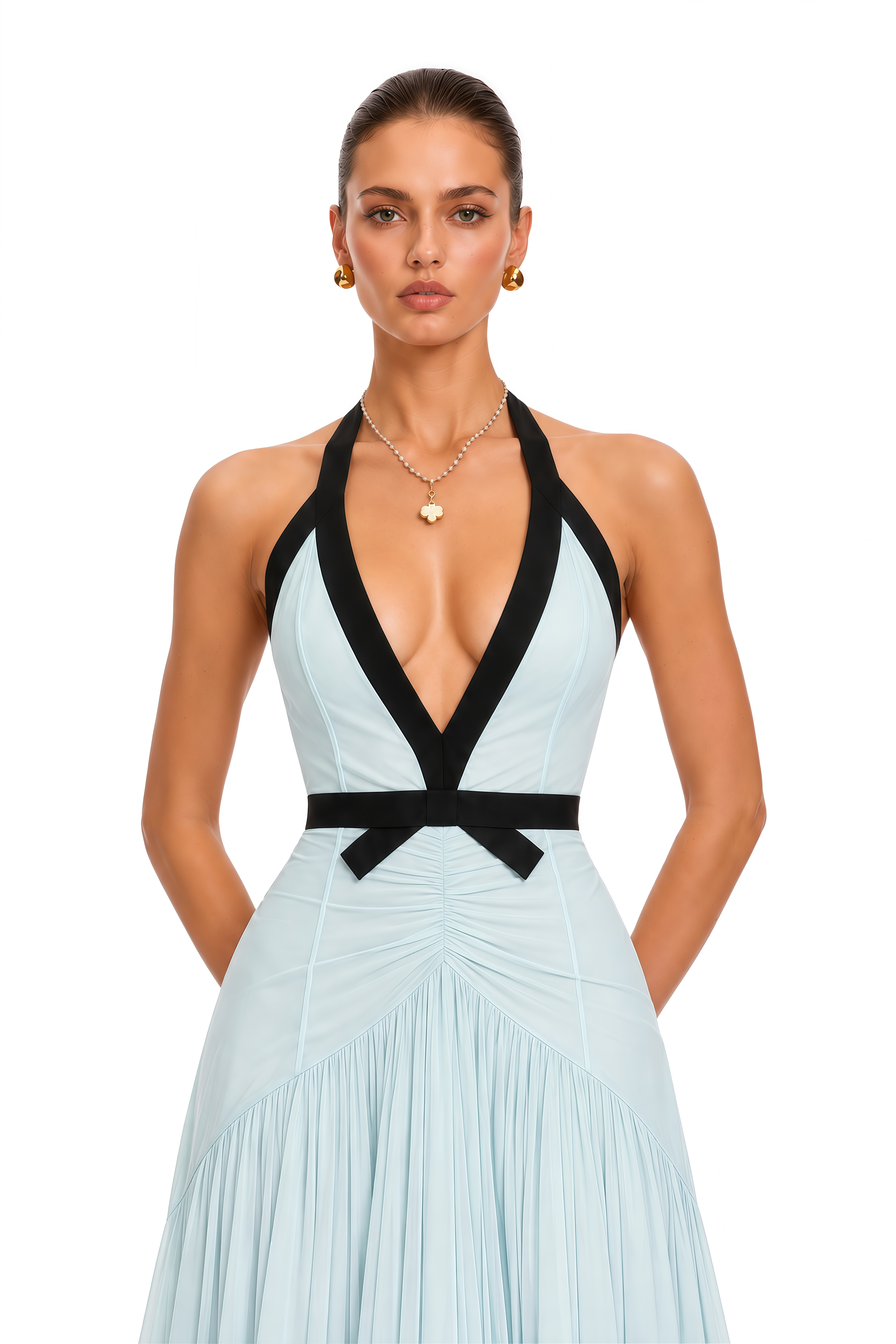 Elsie Blue Contrast Halterneck Ruched Maxi Dress