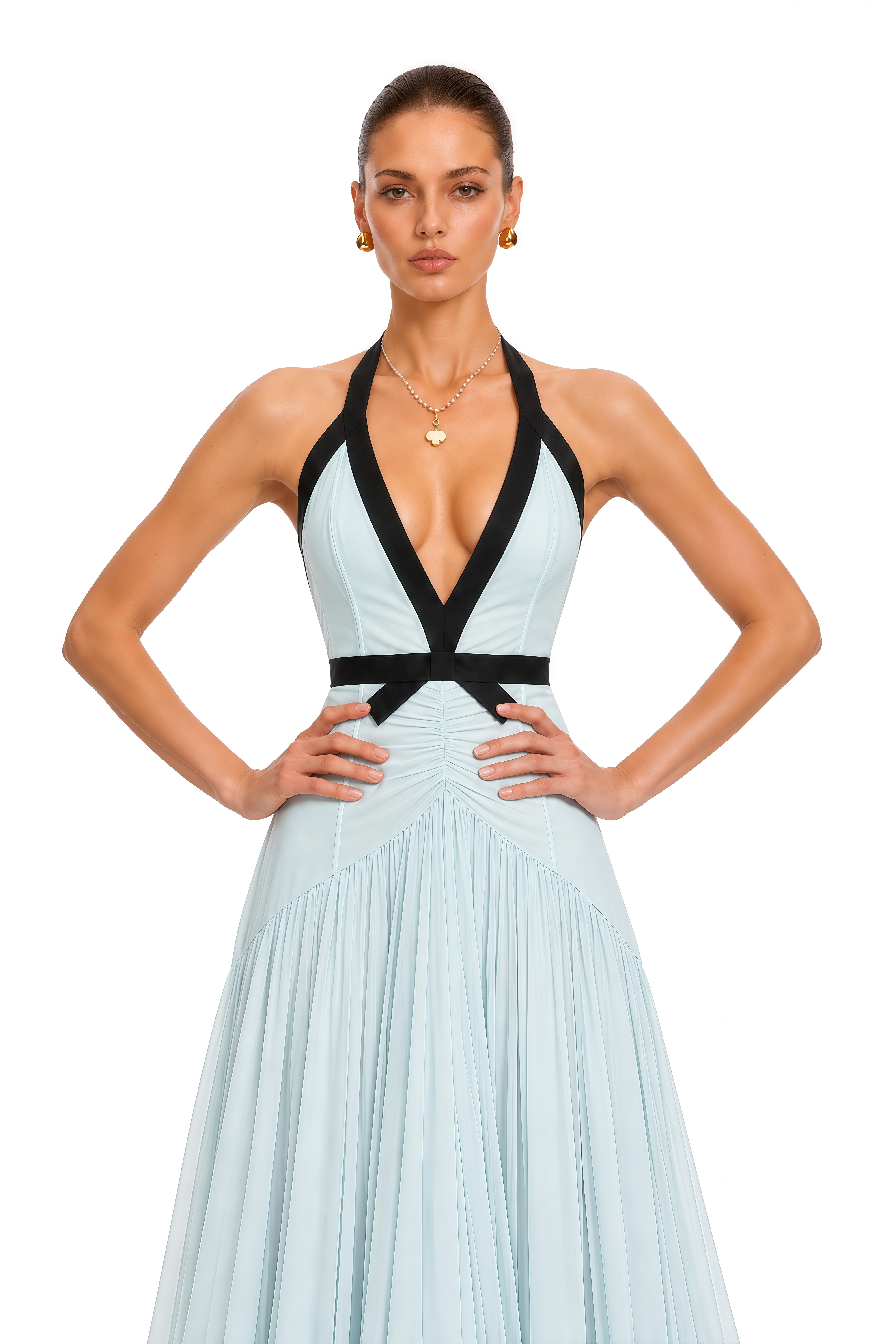 Elsie Blue Contrast Halterneck Ruched Maxi Dress