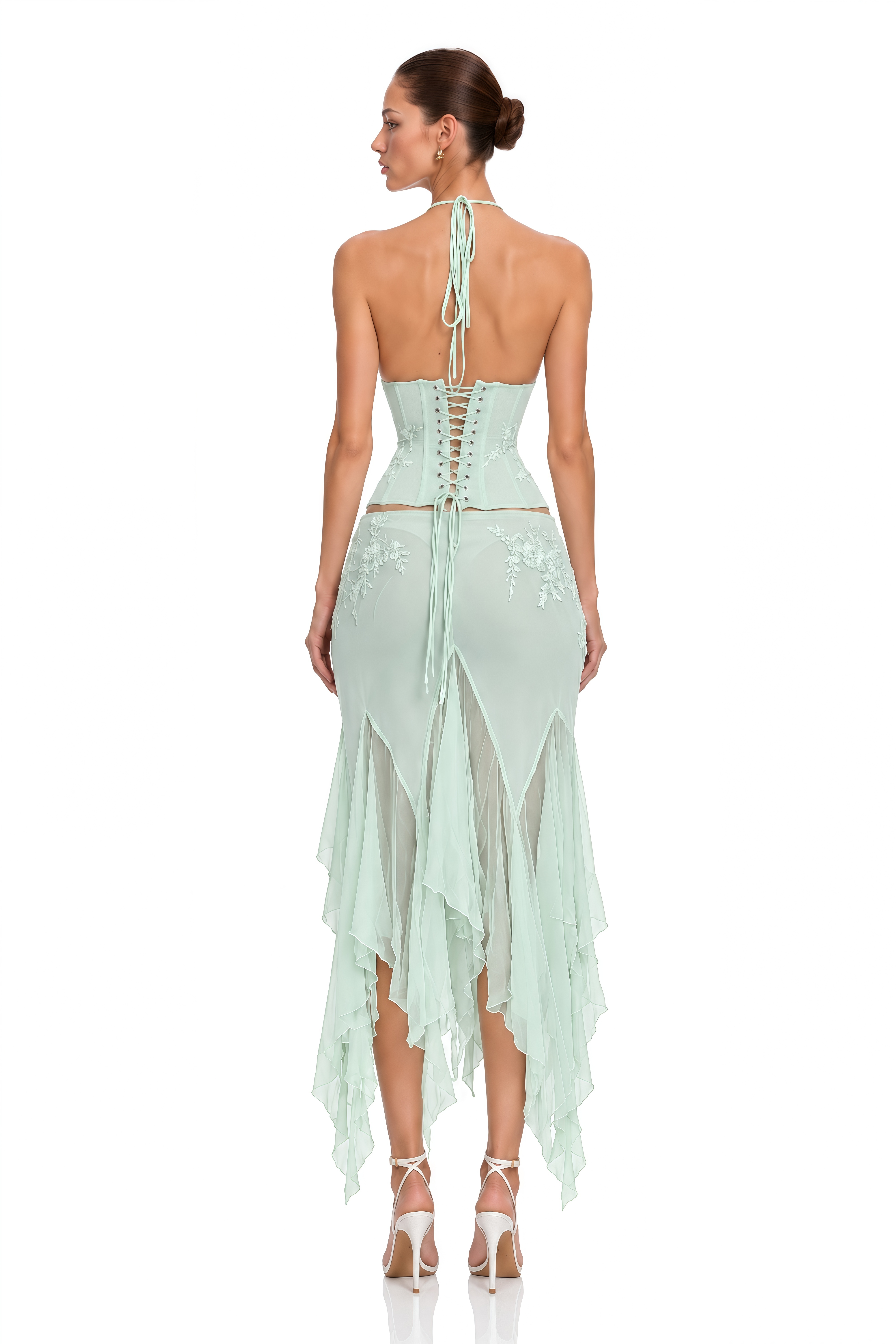 Elsie Mint Green Applique Corset Top & Asymmetric Skirt Set