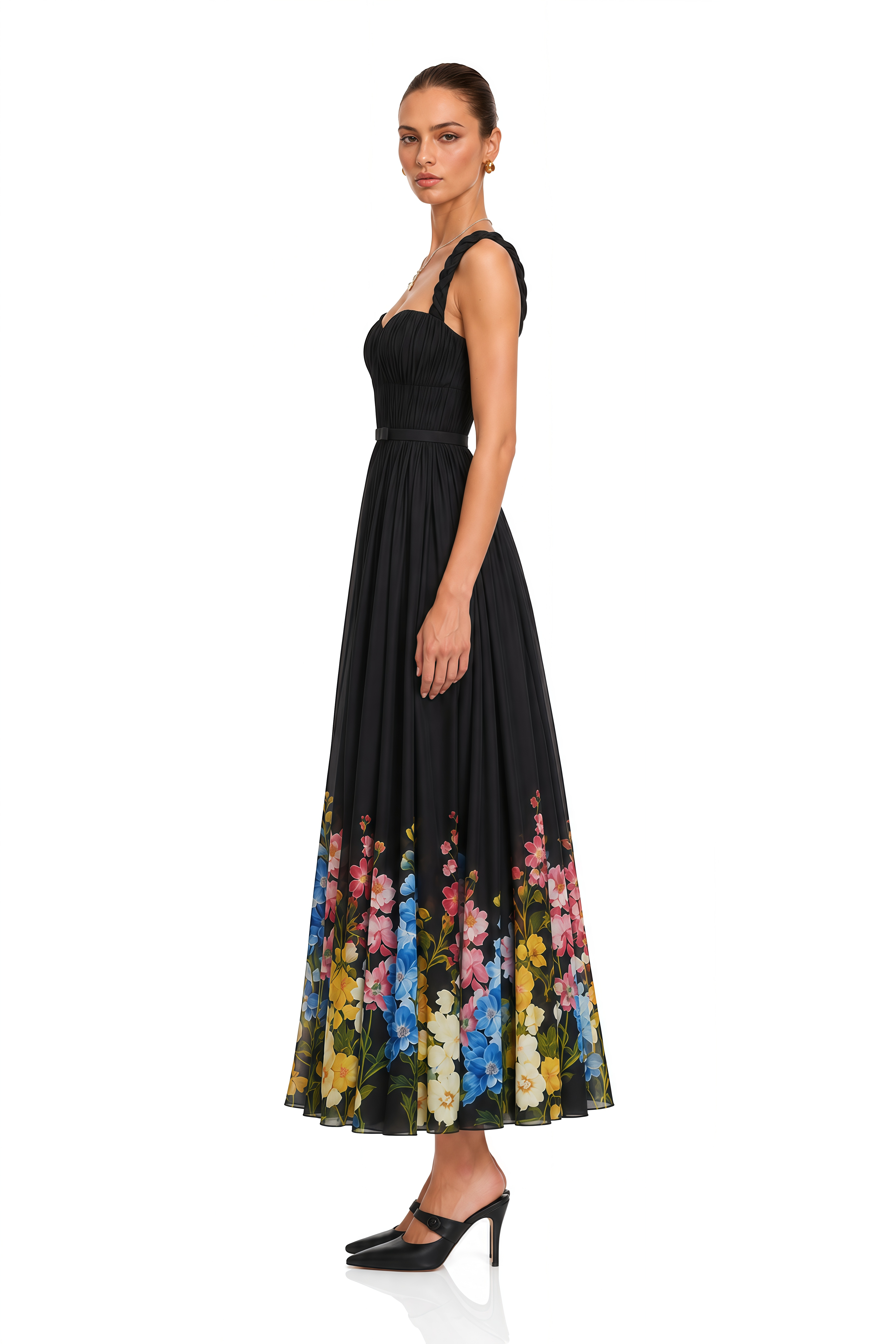 Elspeth Black Floral Spaghetti Strap Midi Dress