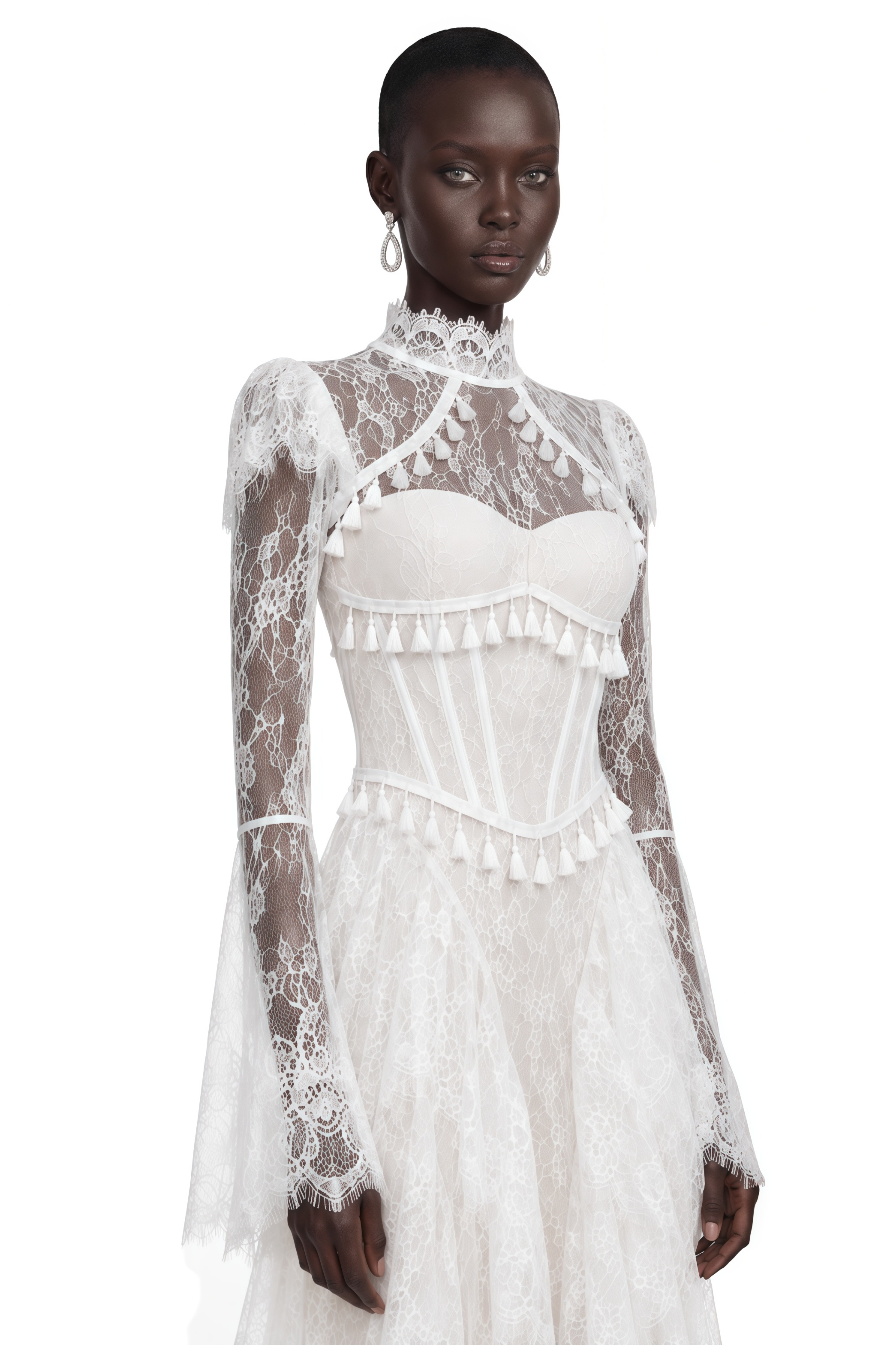 Elspeth White Lace High Neck Long Sleeve Maxi Dress