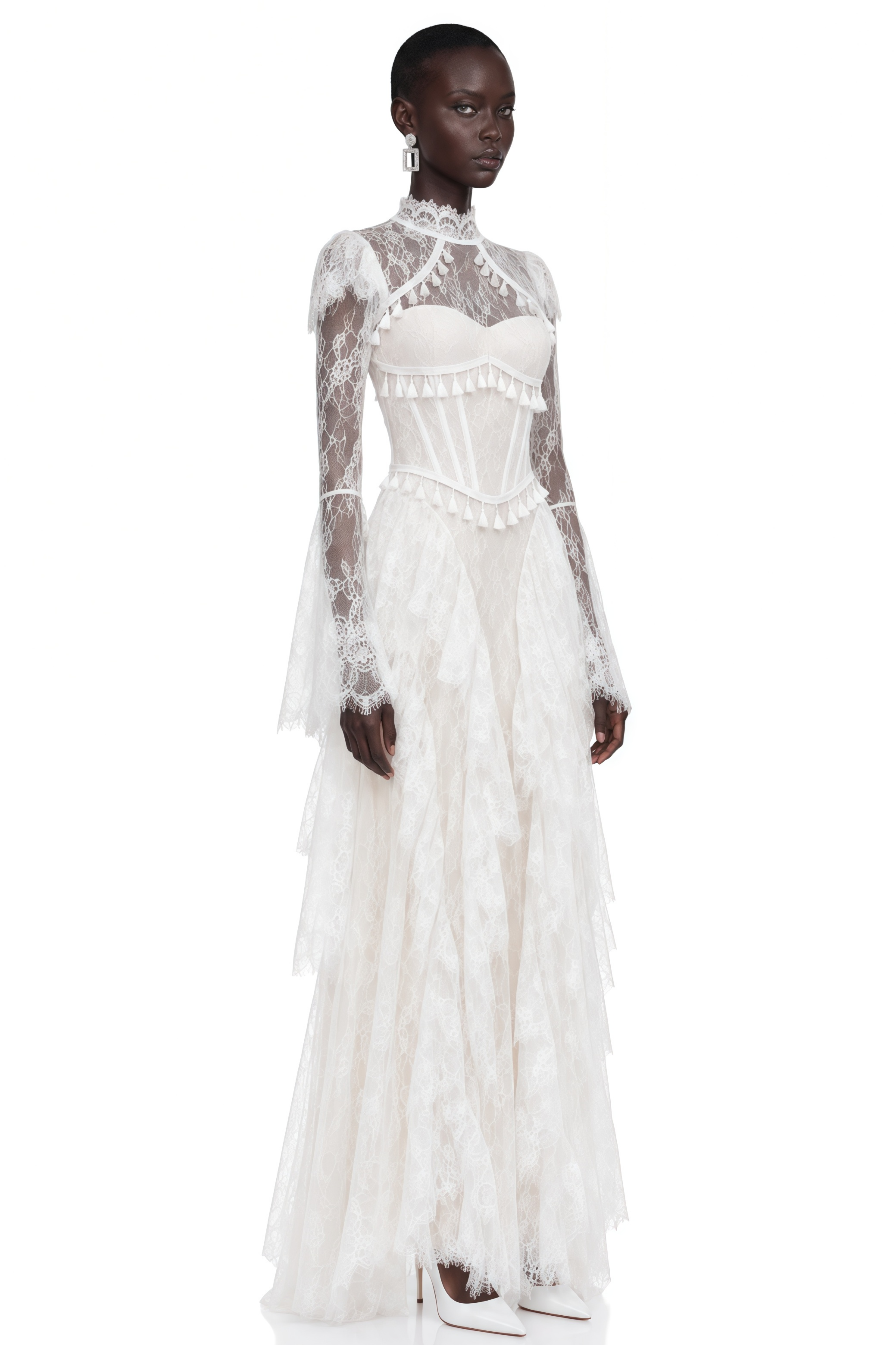 Elspeth White Lace High Neck Long Sleeve Maxi Dress
