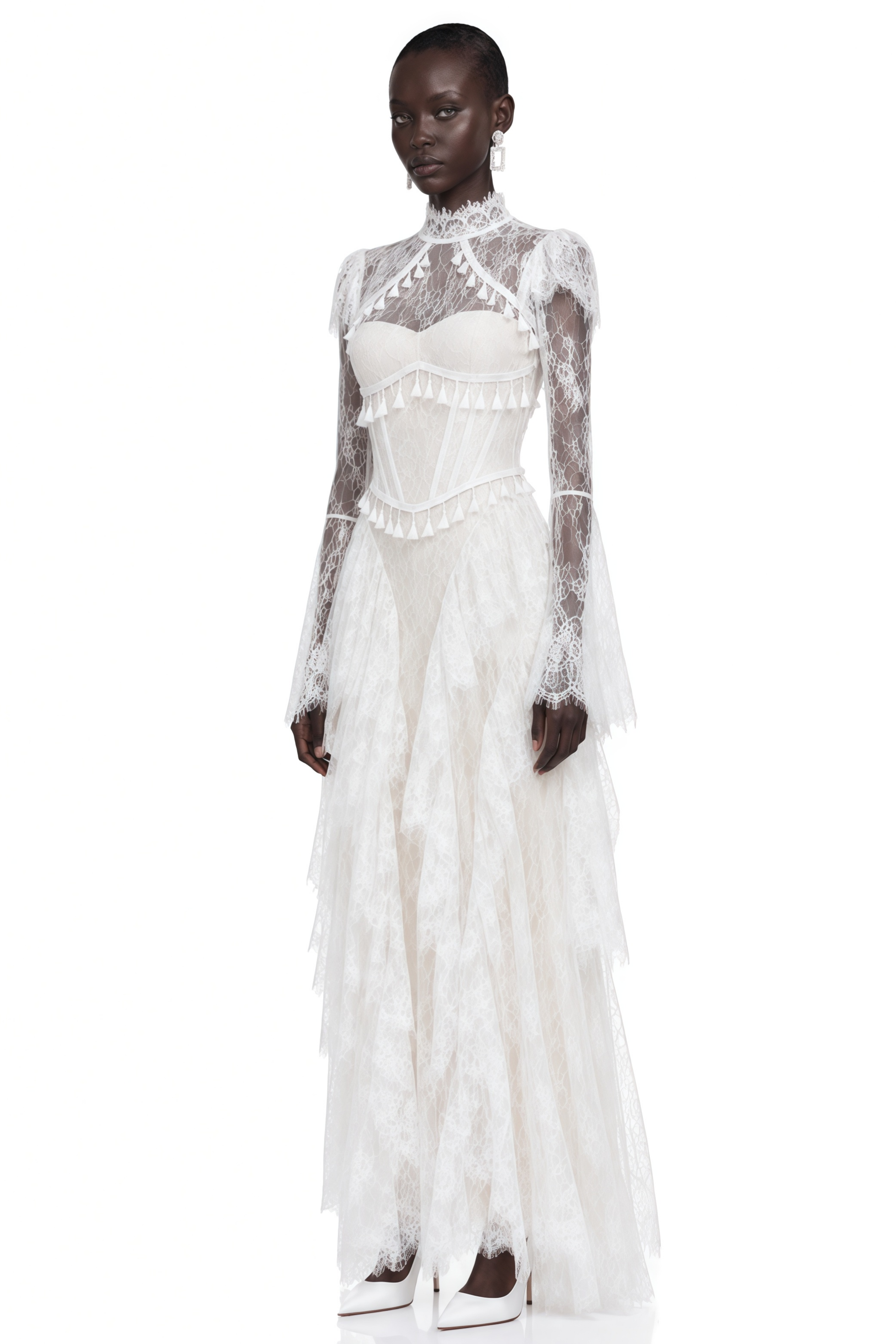 Elspeth White Lace High Neck Long Sleeve Maxi Dress