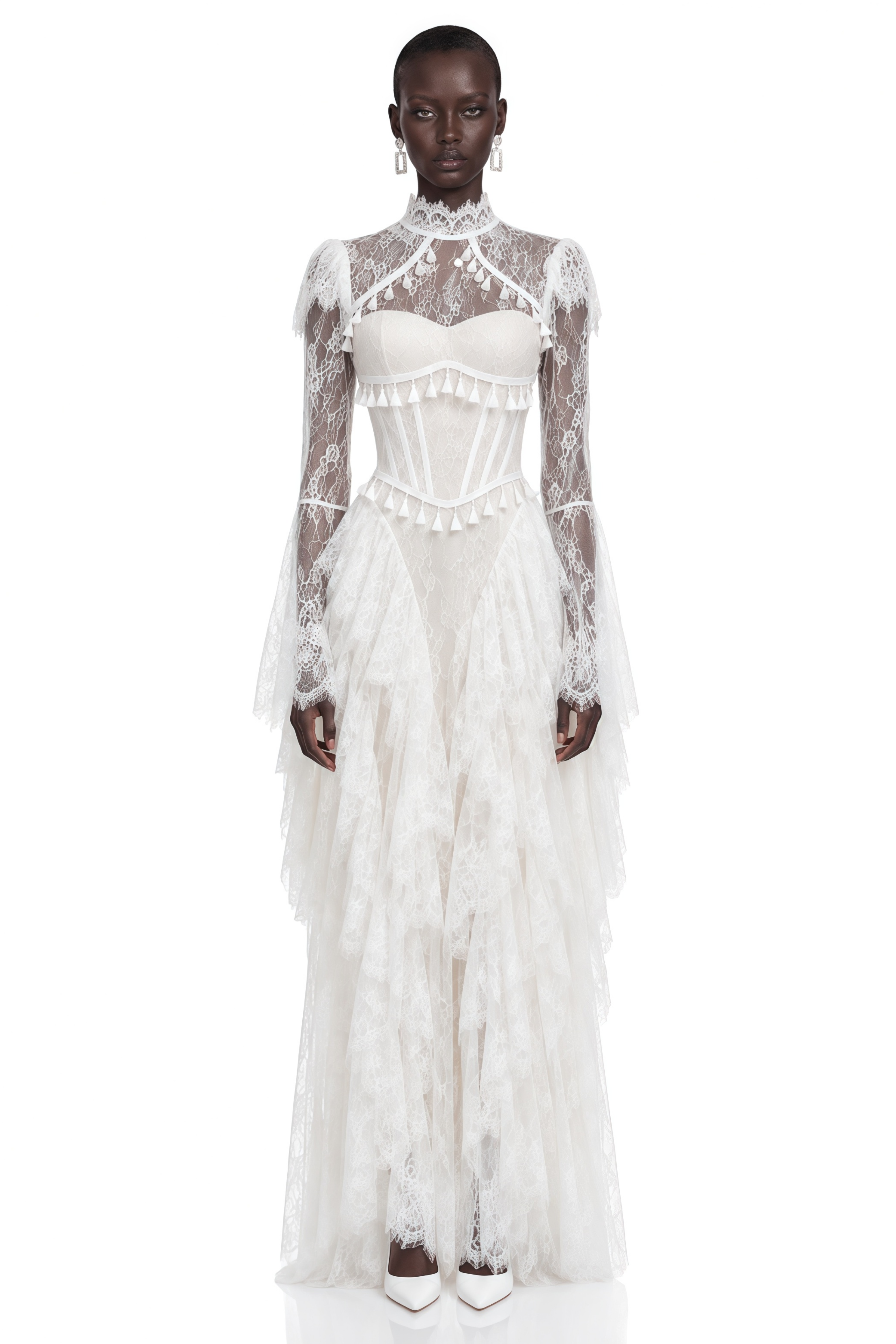 Elspeth White Lace High Neck Long Sleeve Maxi Dress