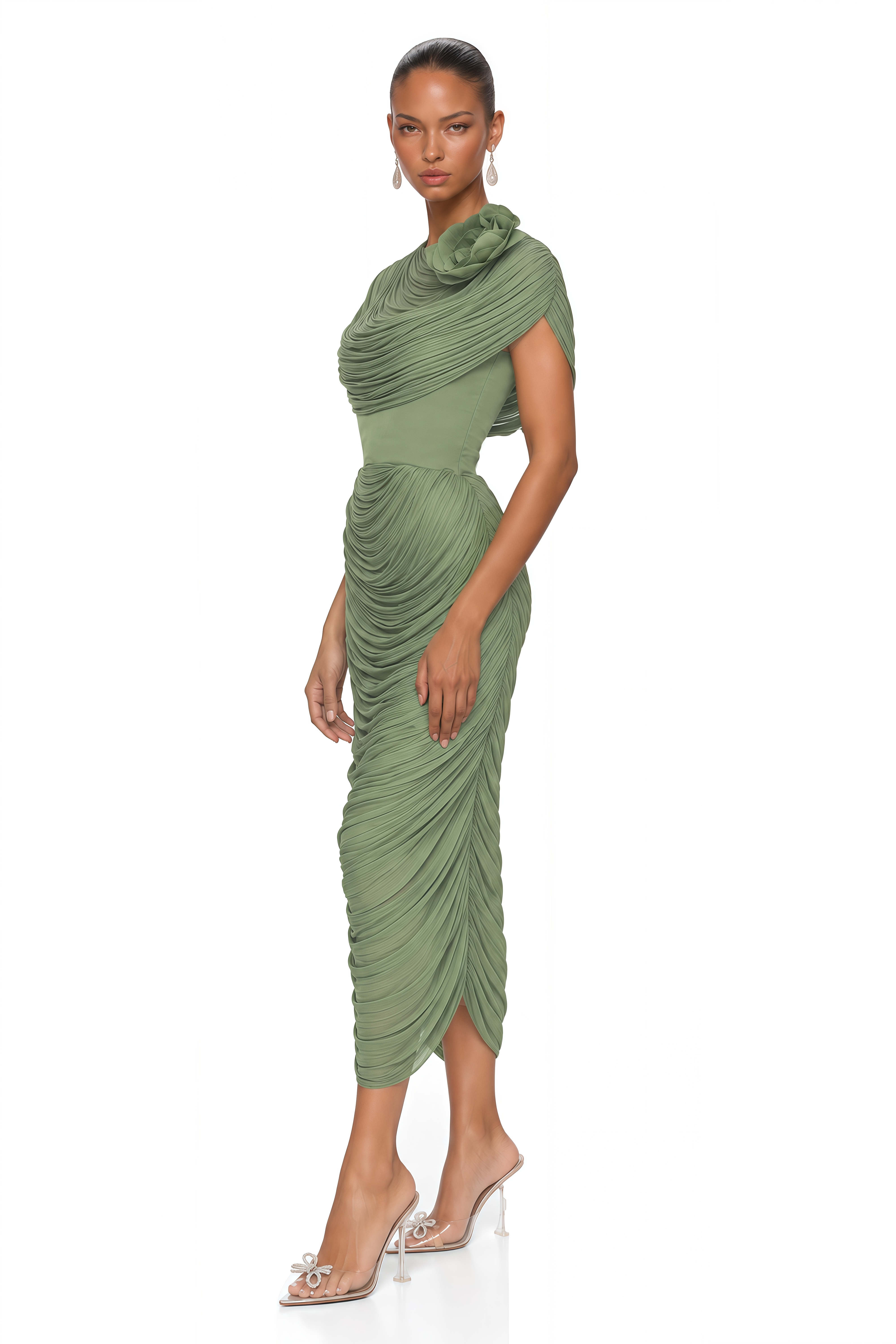 Elysia Green Draped Shawl & Strapless Midi Dress Set