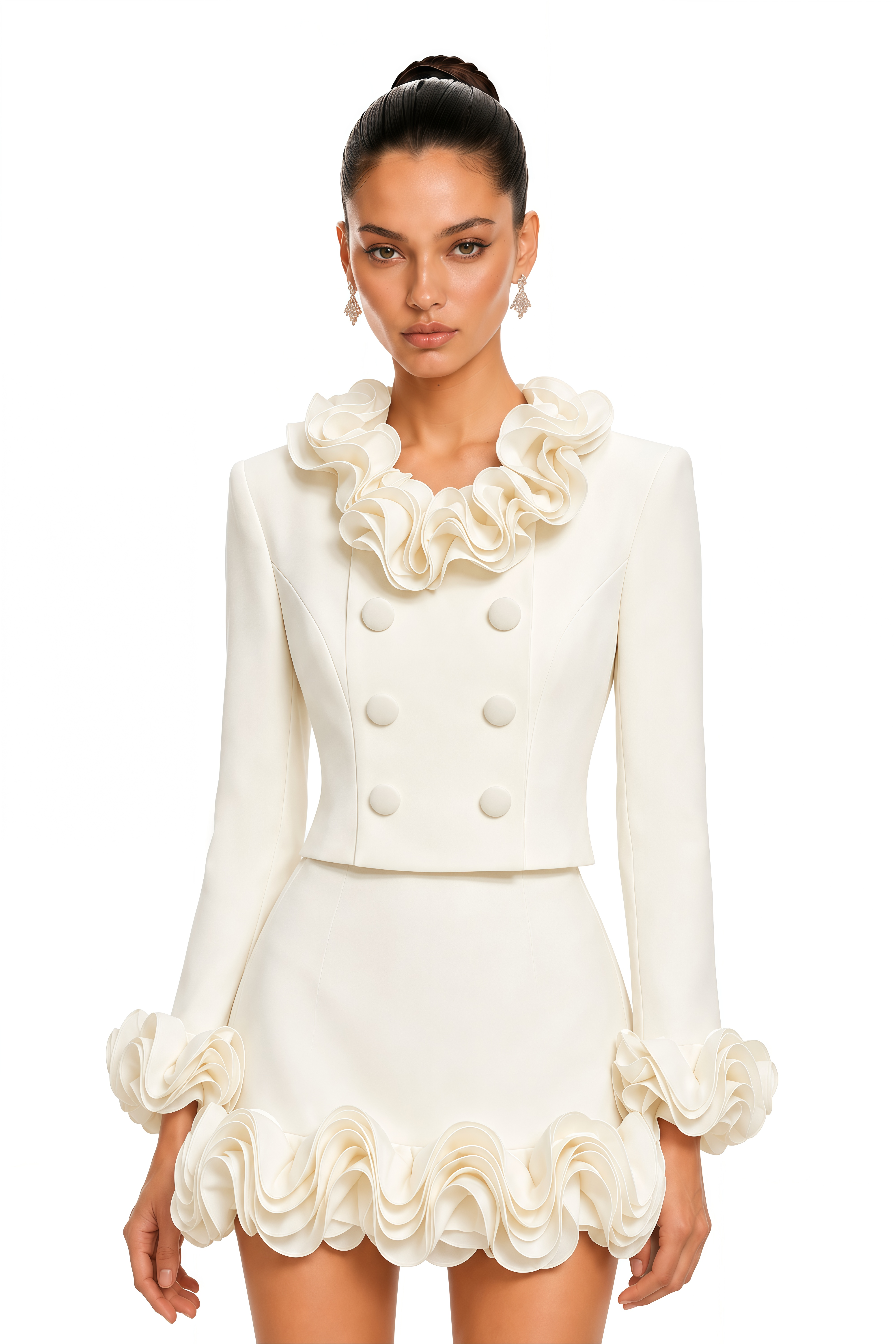 Elysia Ivory Ruffle Collar Jacket & Mini Skirt Set