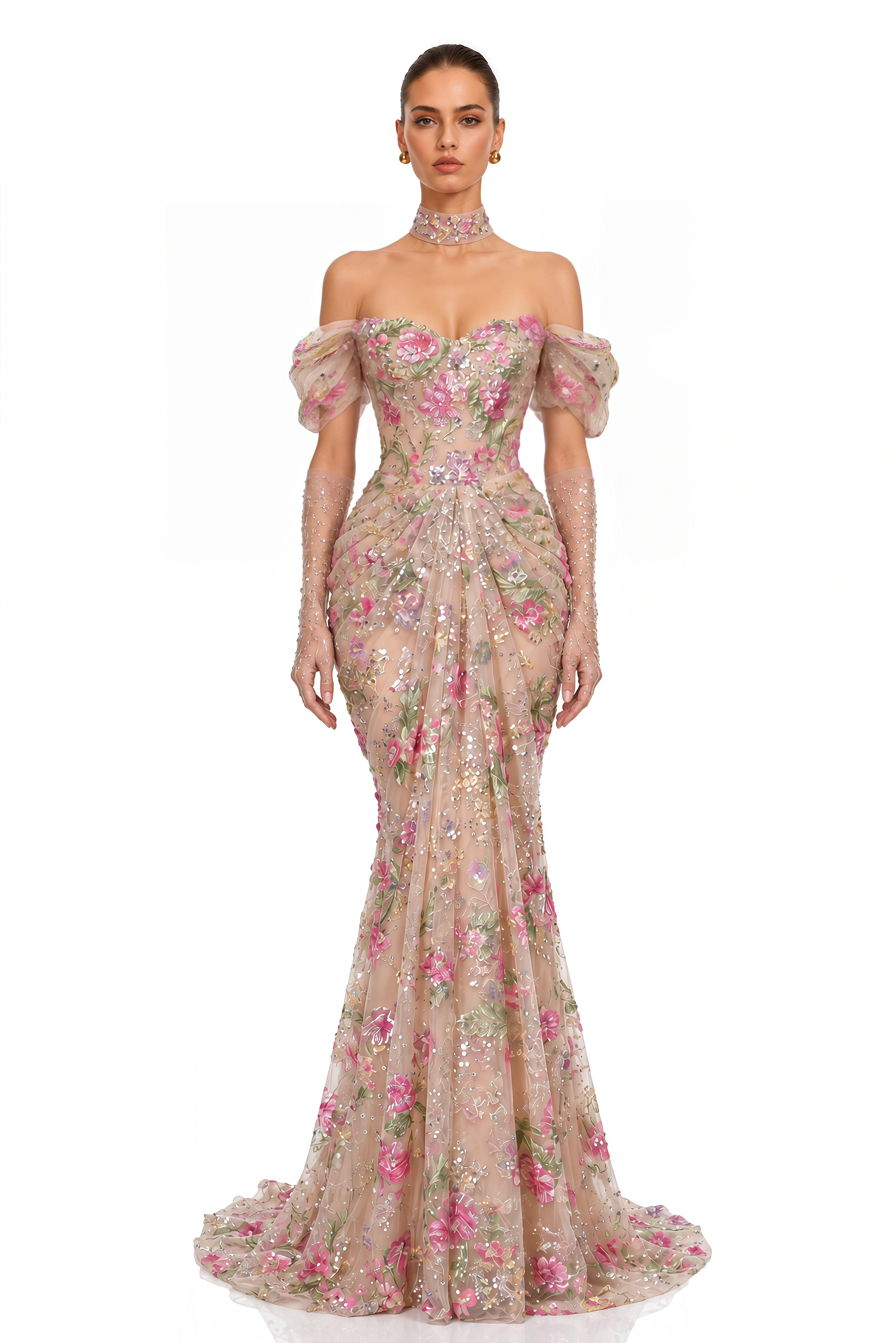 Elysia Pink Floral Embellished Off Shoulder Maxi Gown (Without Gloves)