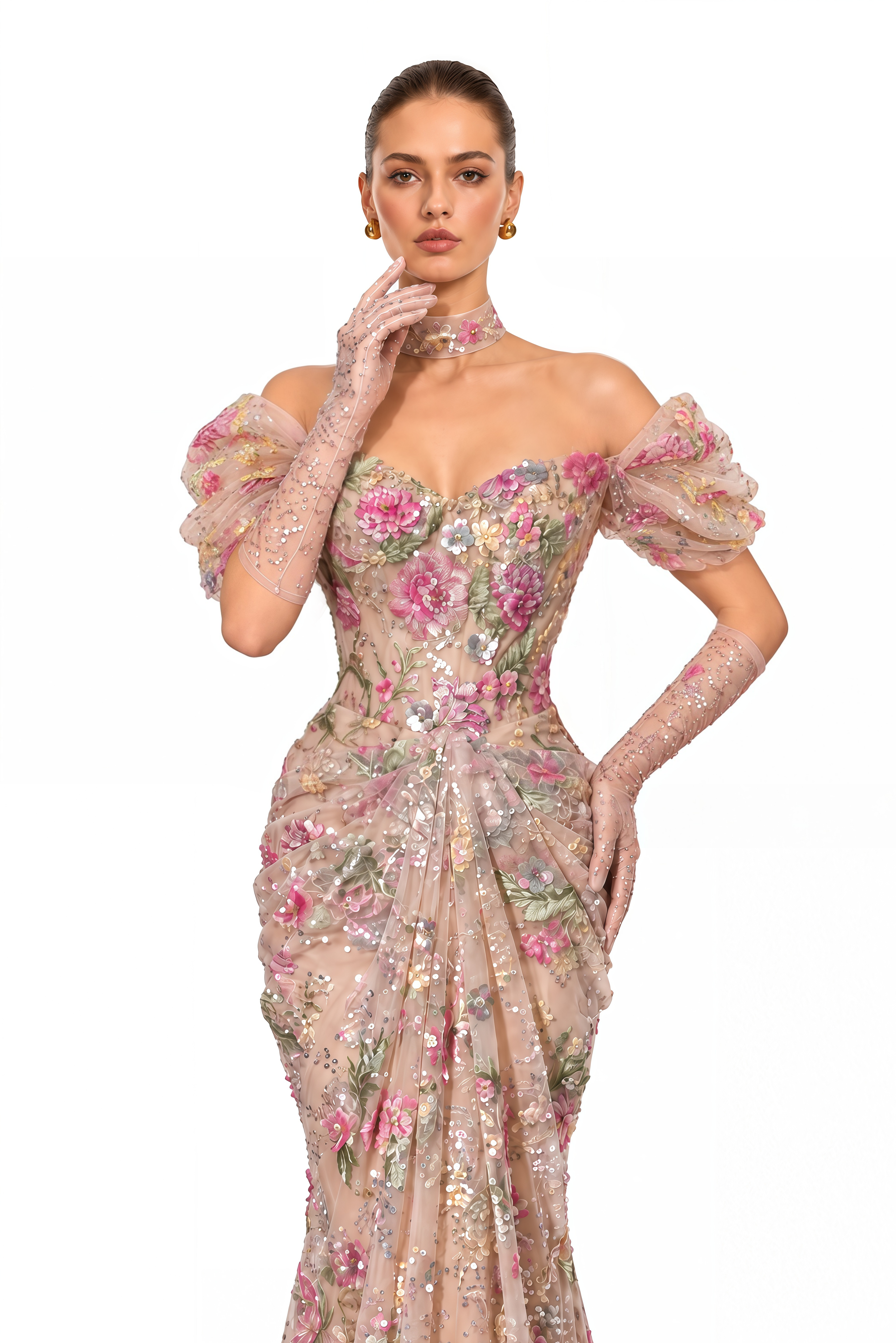 Elysia Pink Floral Embellished Off Shoulder Maxi Gown (Without Gloves)