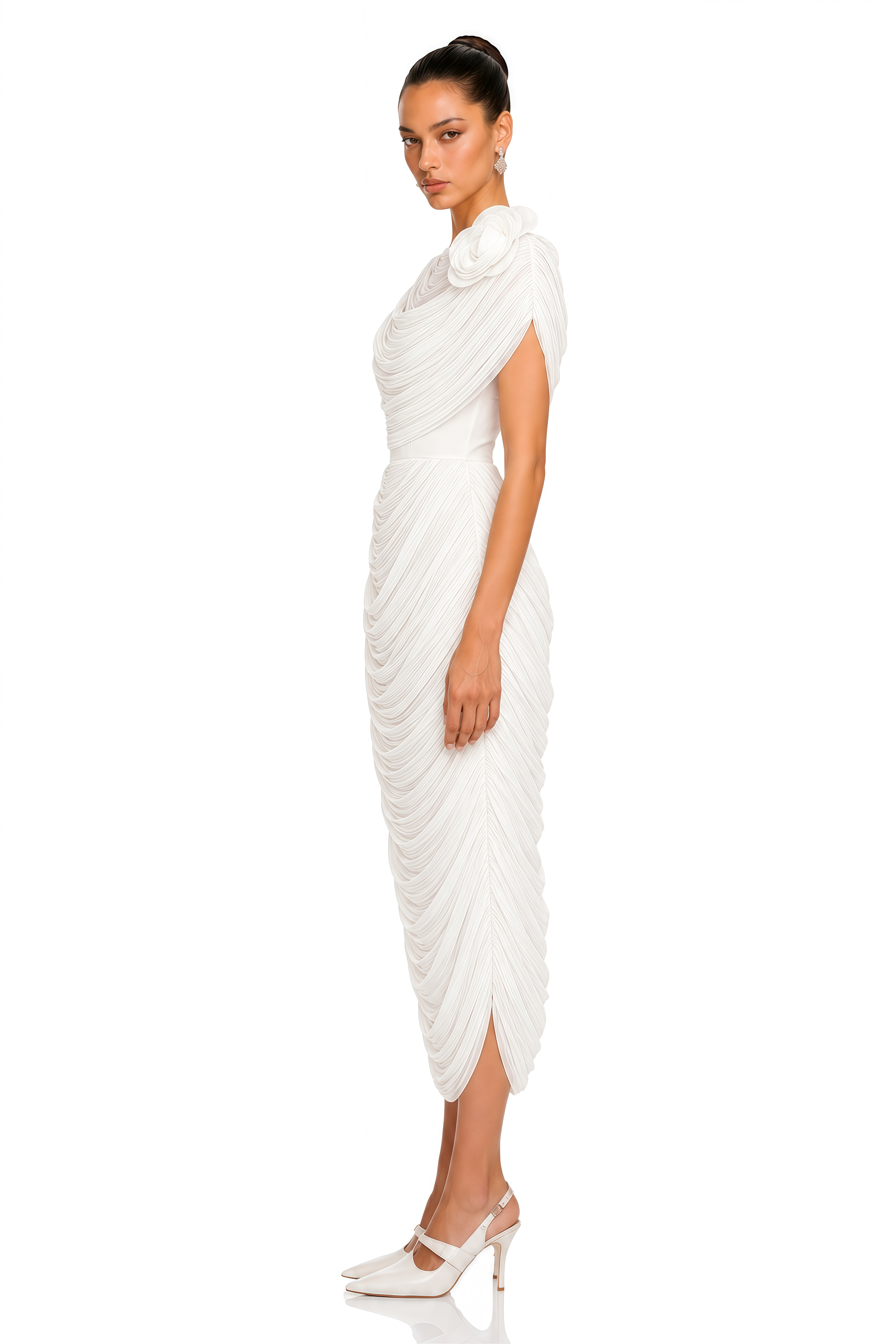 Elysia White Draped Shawl & Strapless Midi Dress Set