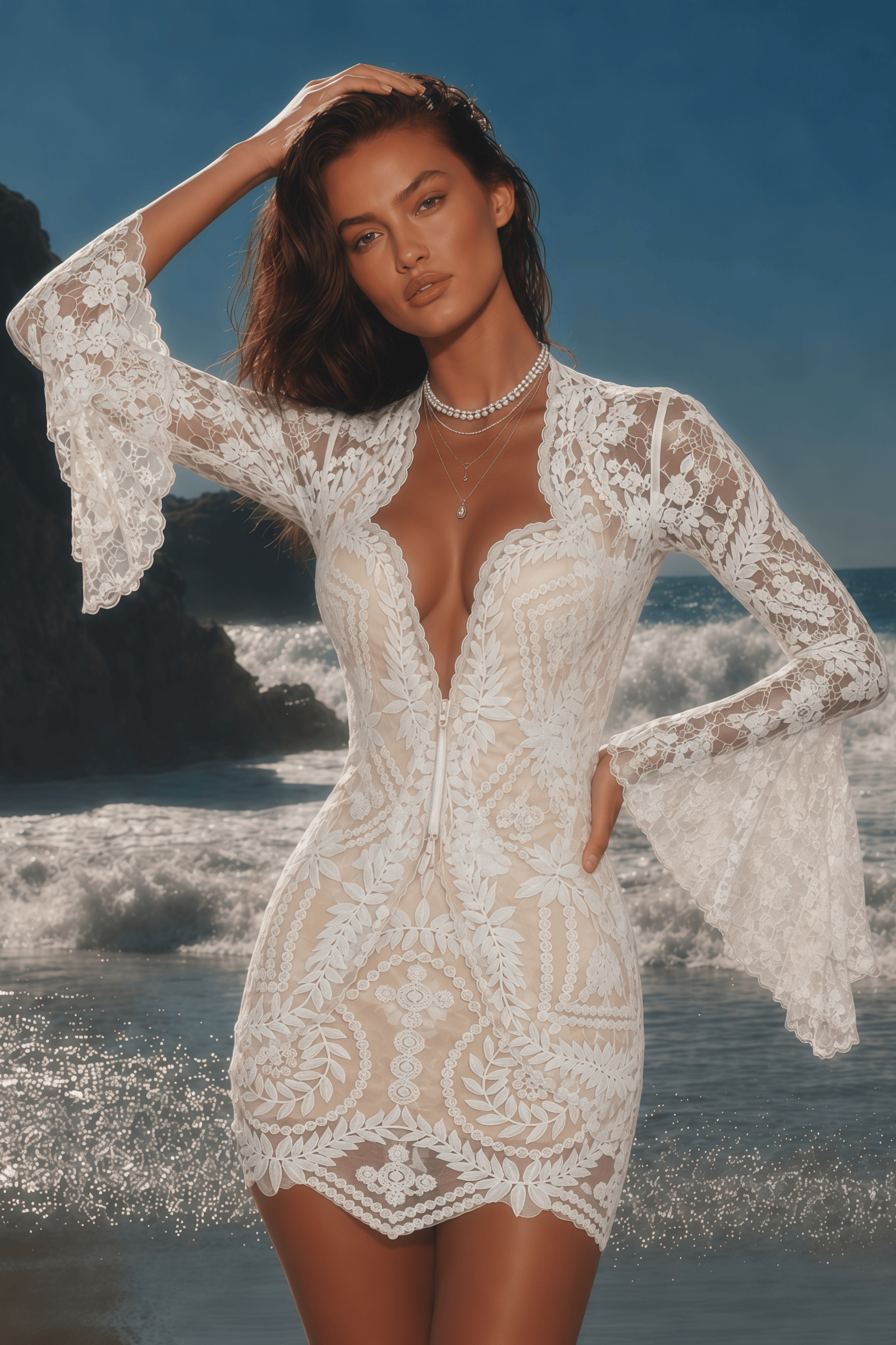 Emanuela White Plunge Neck Top & Skirt Set with Bell Sleeves