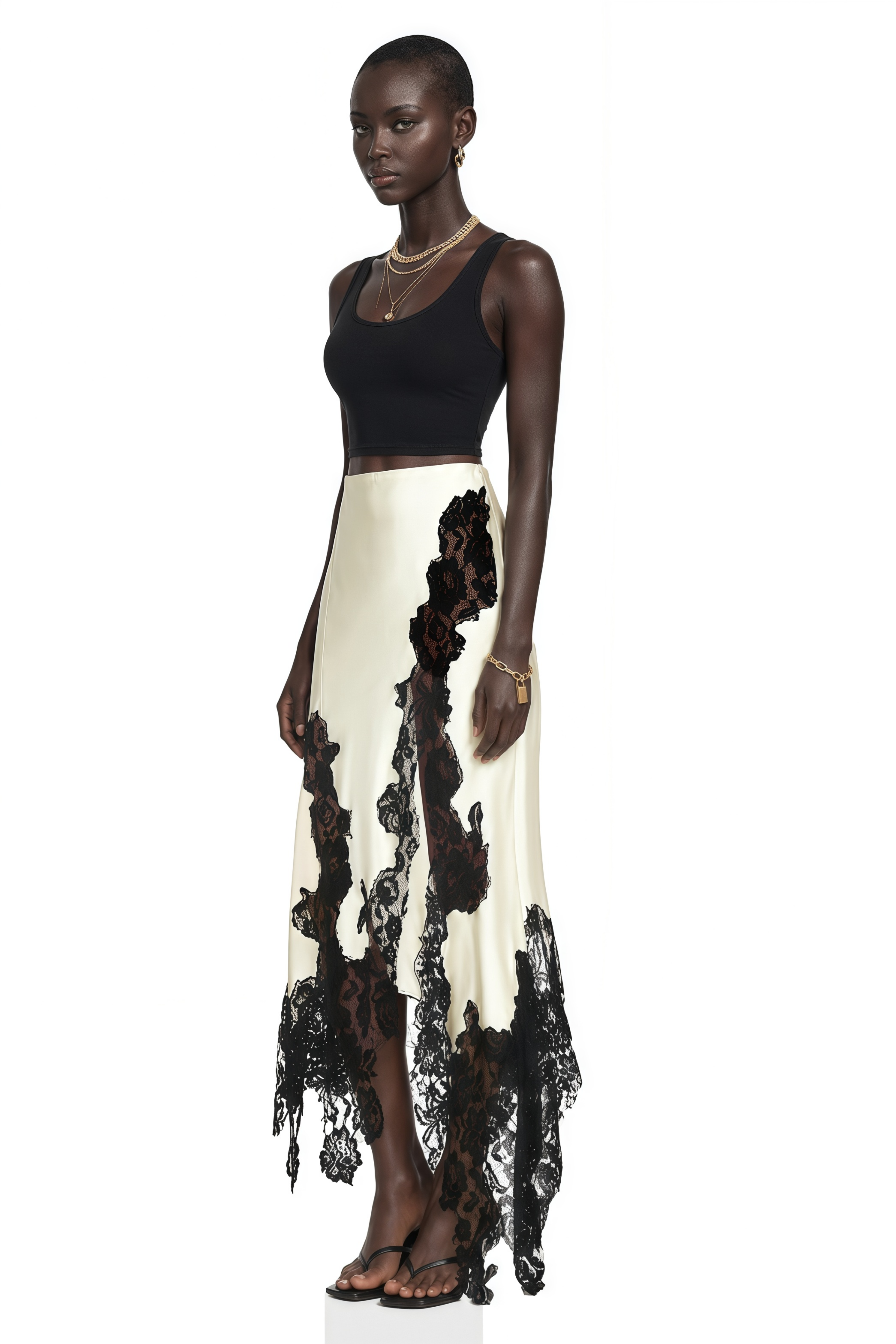 Emberlynn Neutral Asymmetrical Lace Maxi Skirt