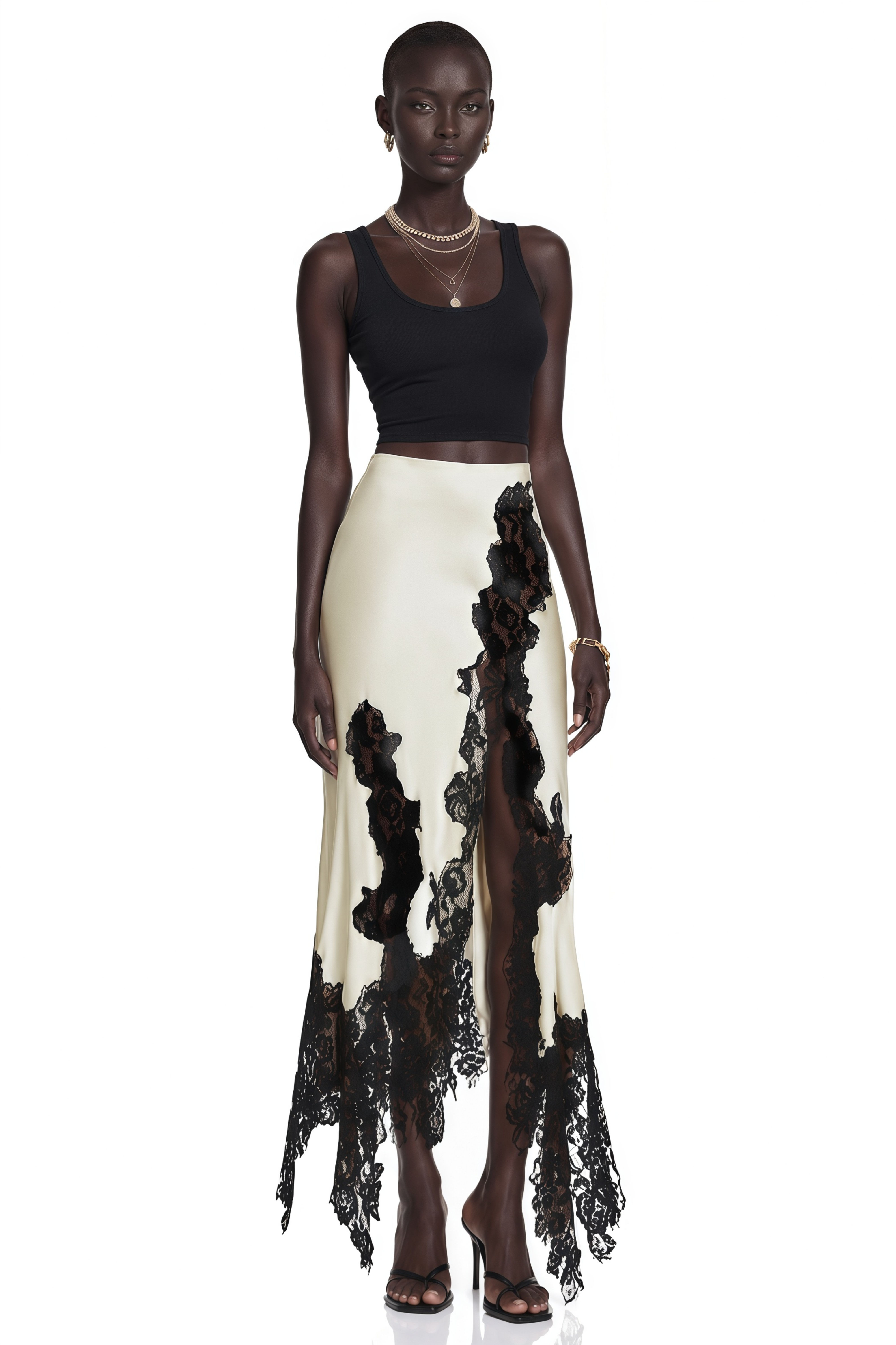 Emberlynn Neutral Asymmetrical Lace Maxi Skirt