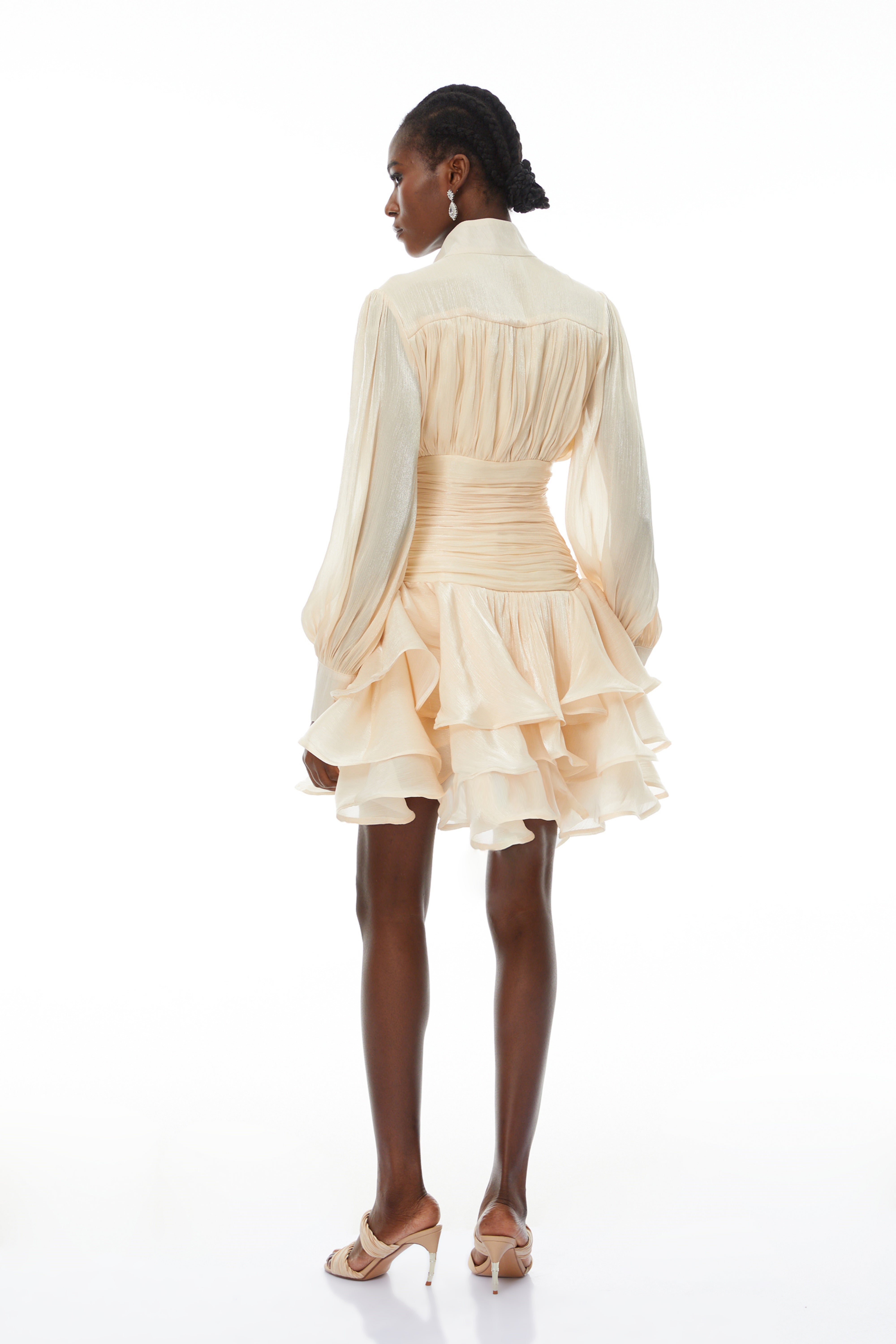 Champagne ruffled tiered mini dress