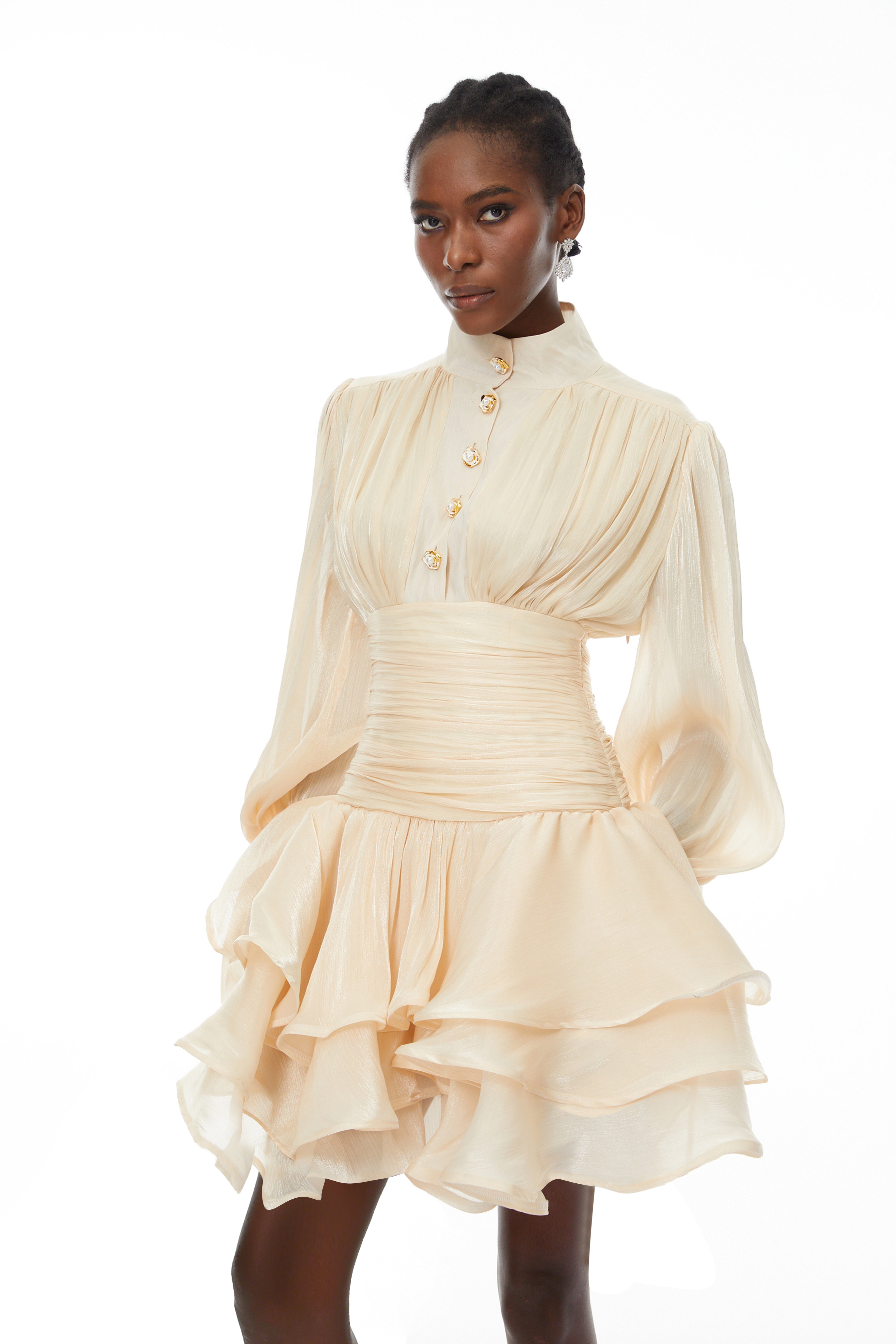 Champagne ruffled tiered mini dress