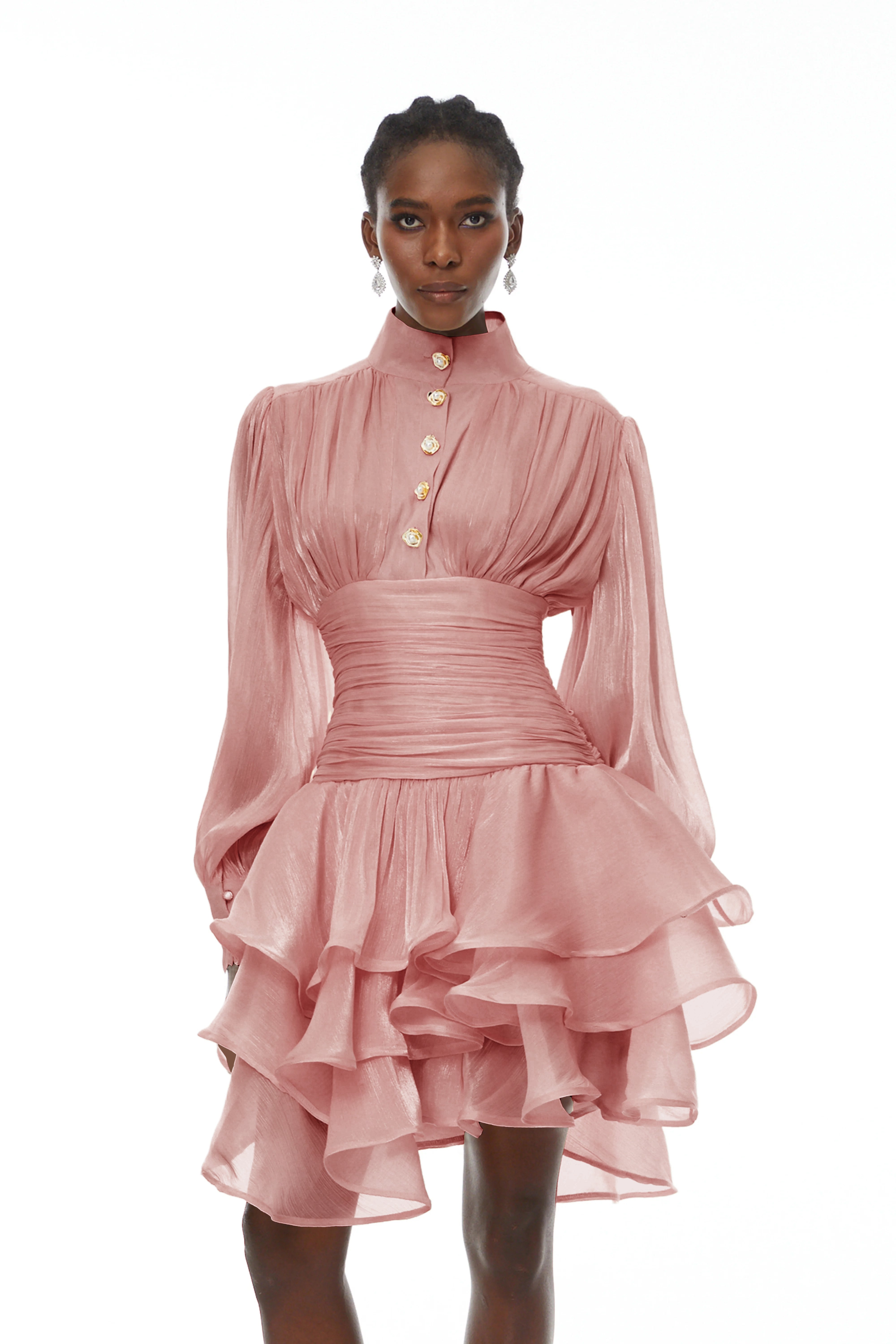 Pink High-Neck Ruffled Detail Mini Dress