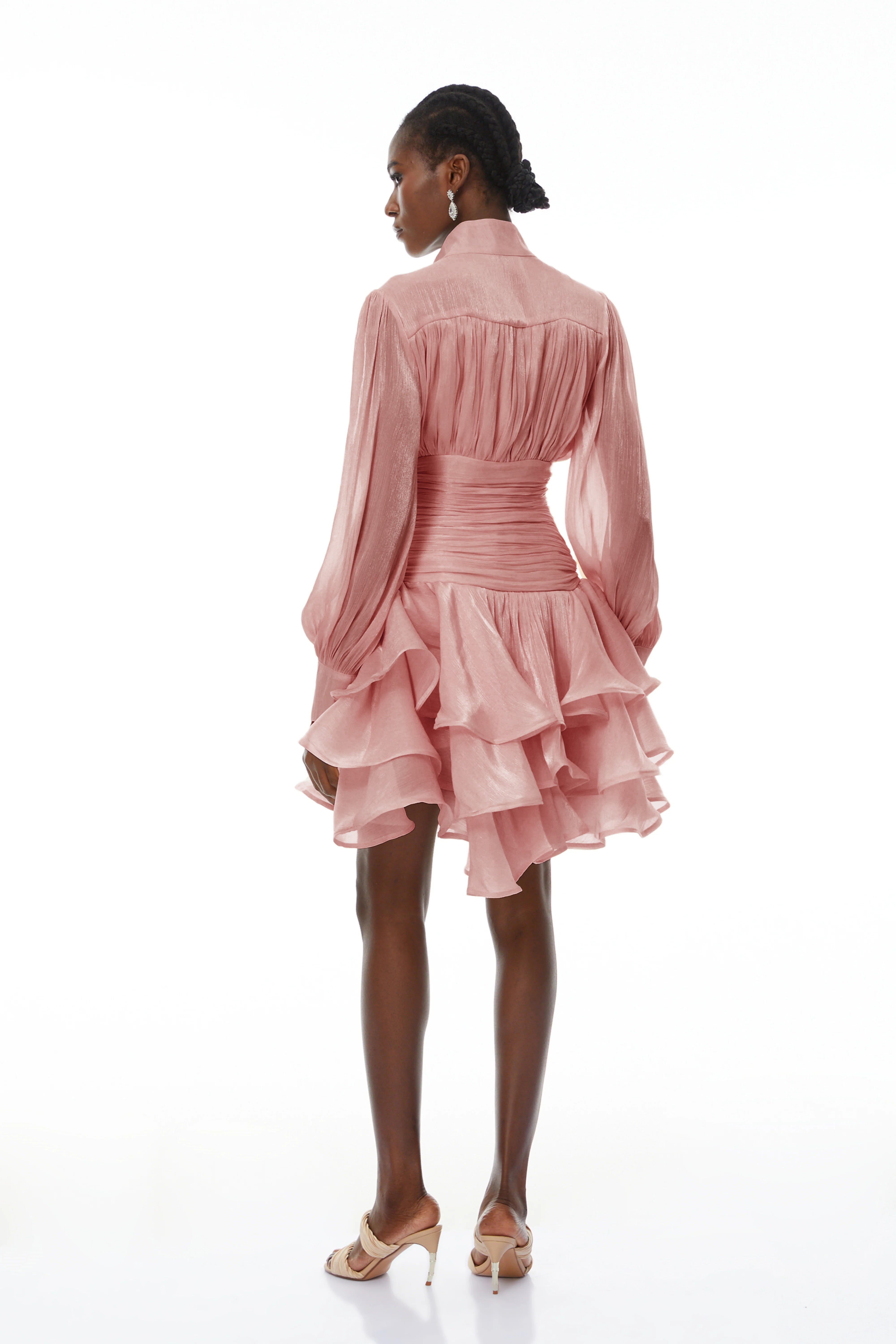 Pink High-Neck Ruffled Detail Mini Dress