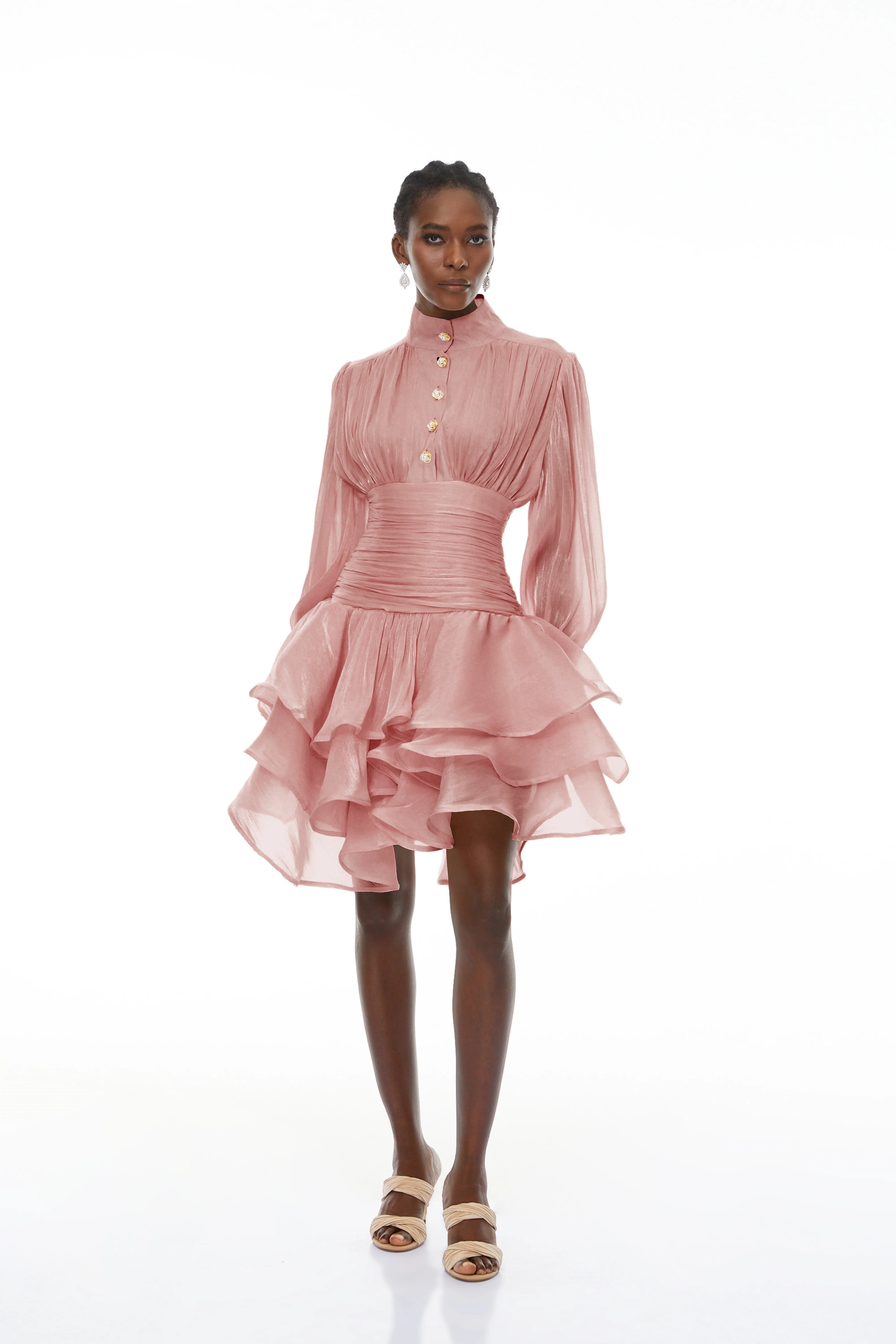 Pink High-Neck Ruffled Detail Mini Dress