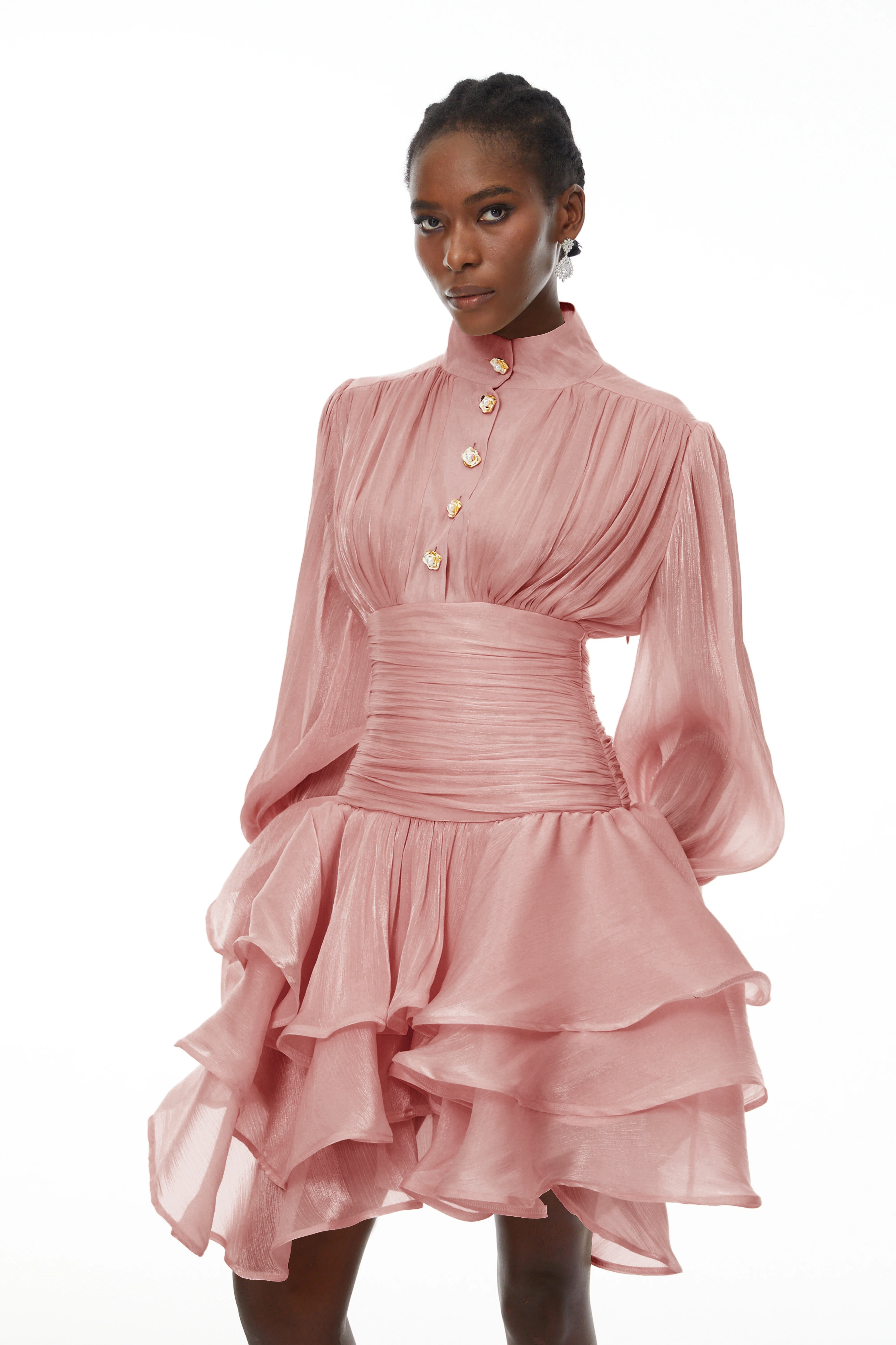 Pink High-Neck Ruffled Detail Mini Dress