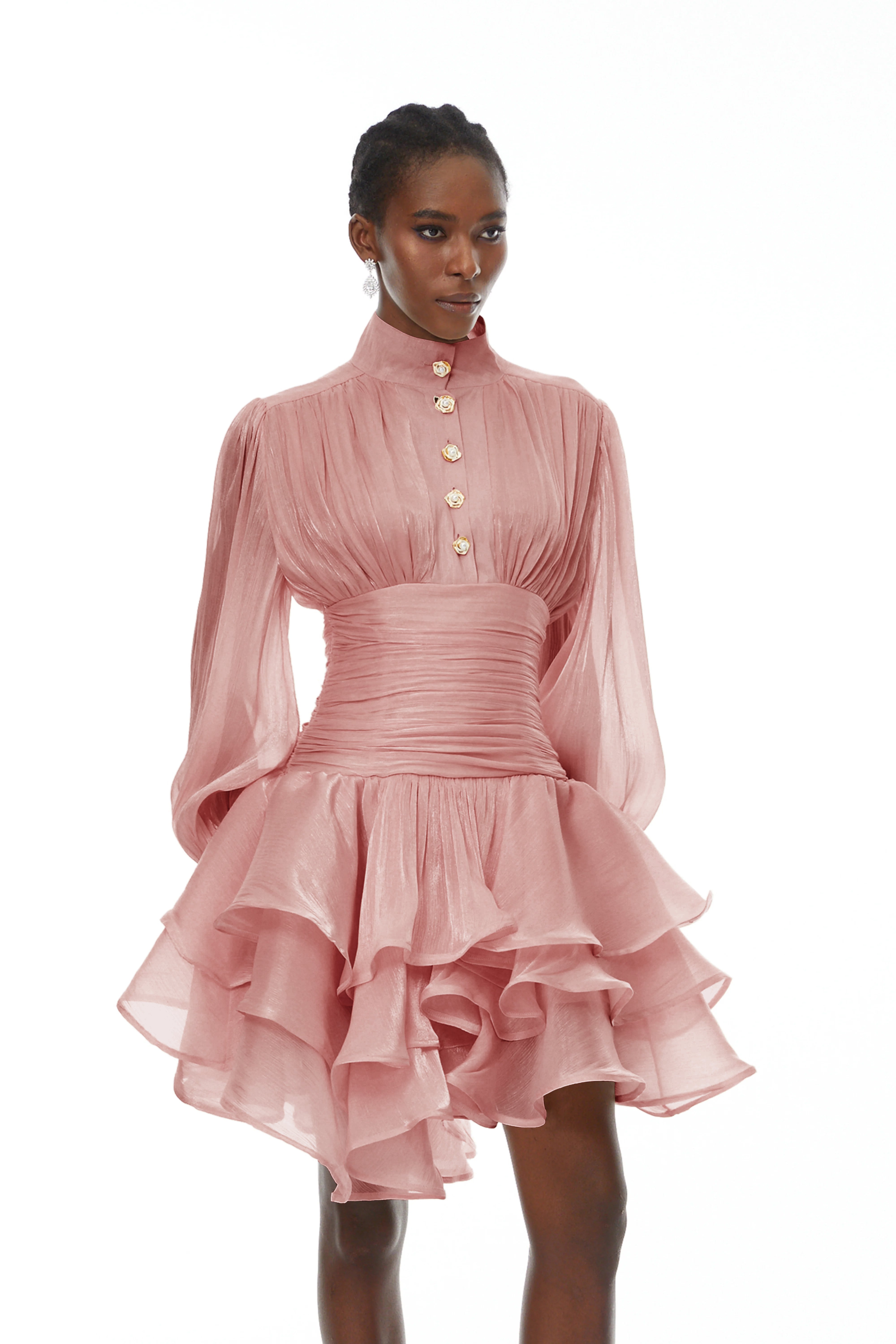 Pink High-Neck Ruffled Detail Mini Dress