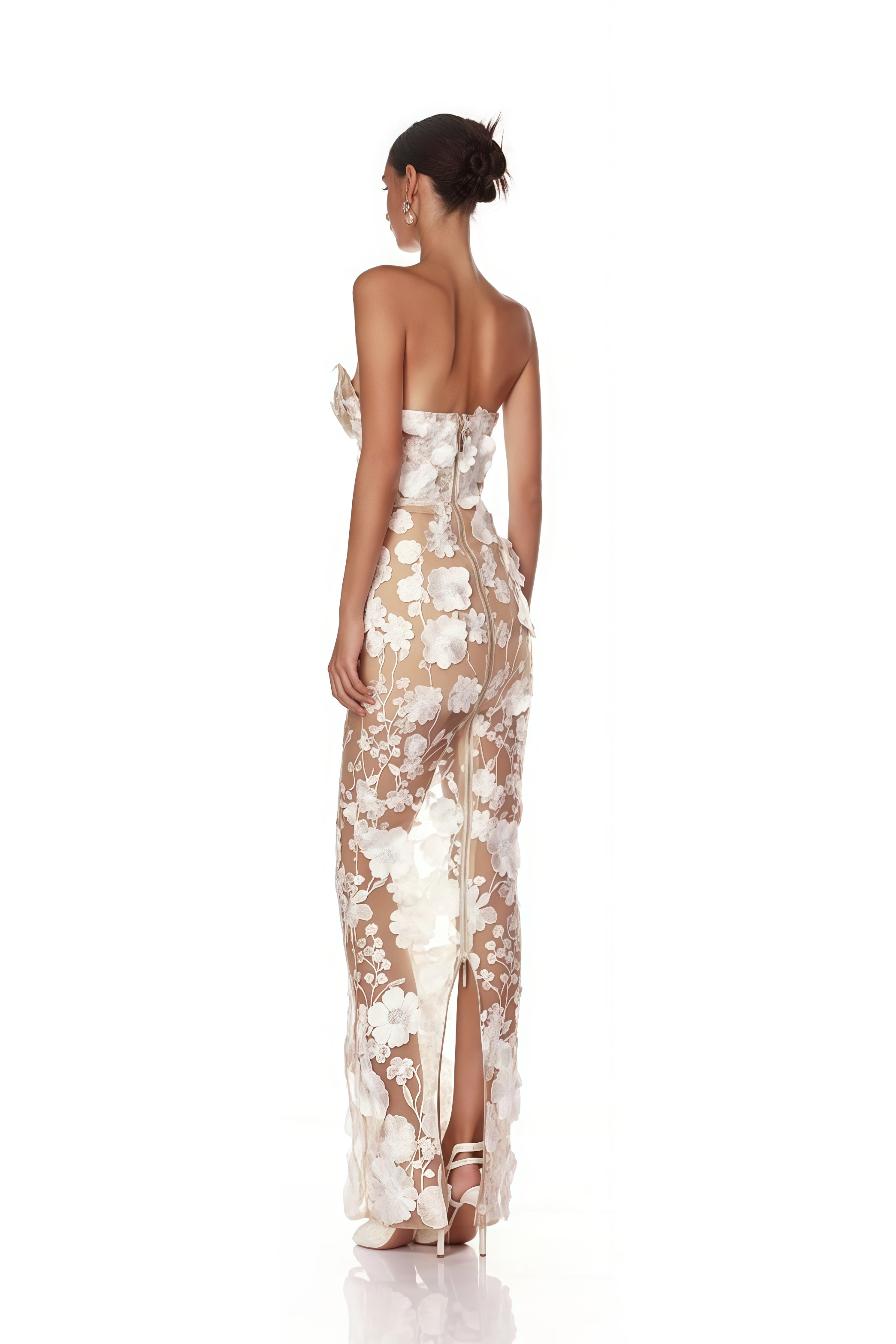 Strapless sheer gown with white 3D floral appliques