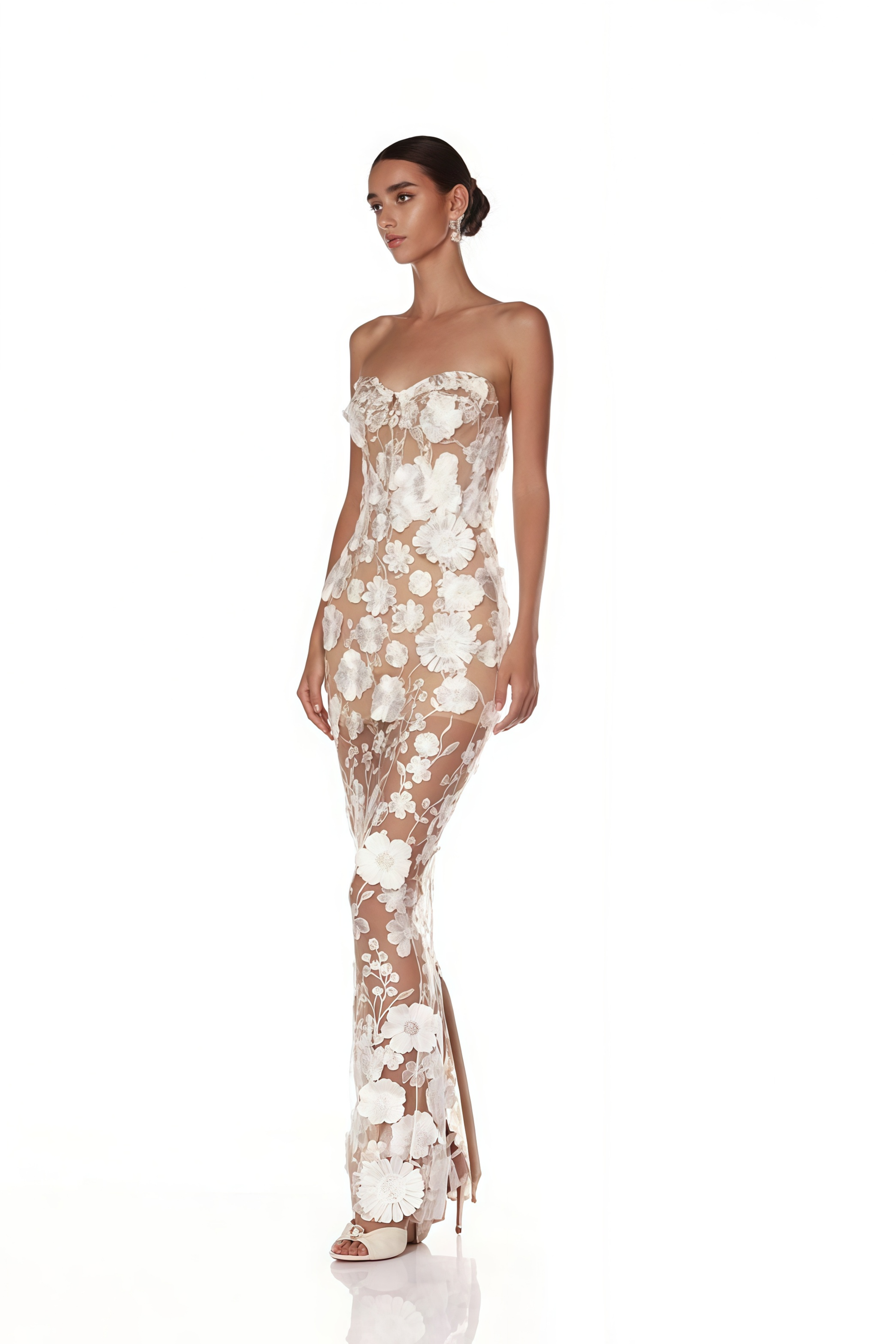 Strapless sheer gown with white 3D floral appliques