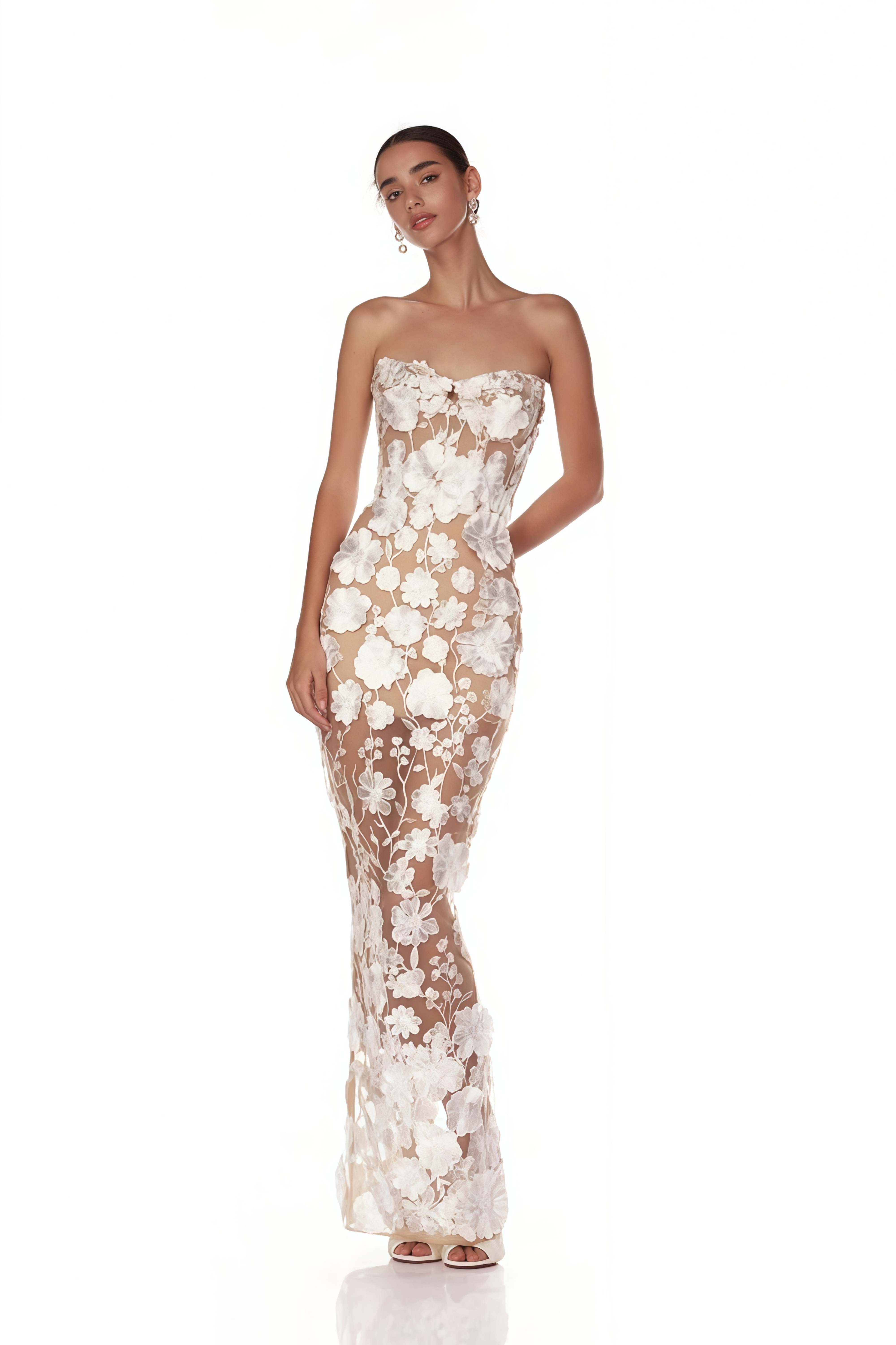 Strapless sheer gown with white 3D floral appliques