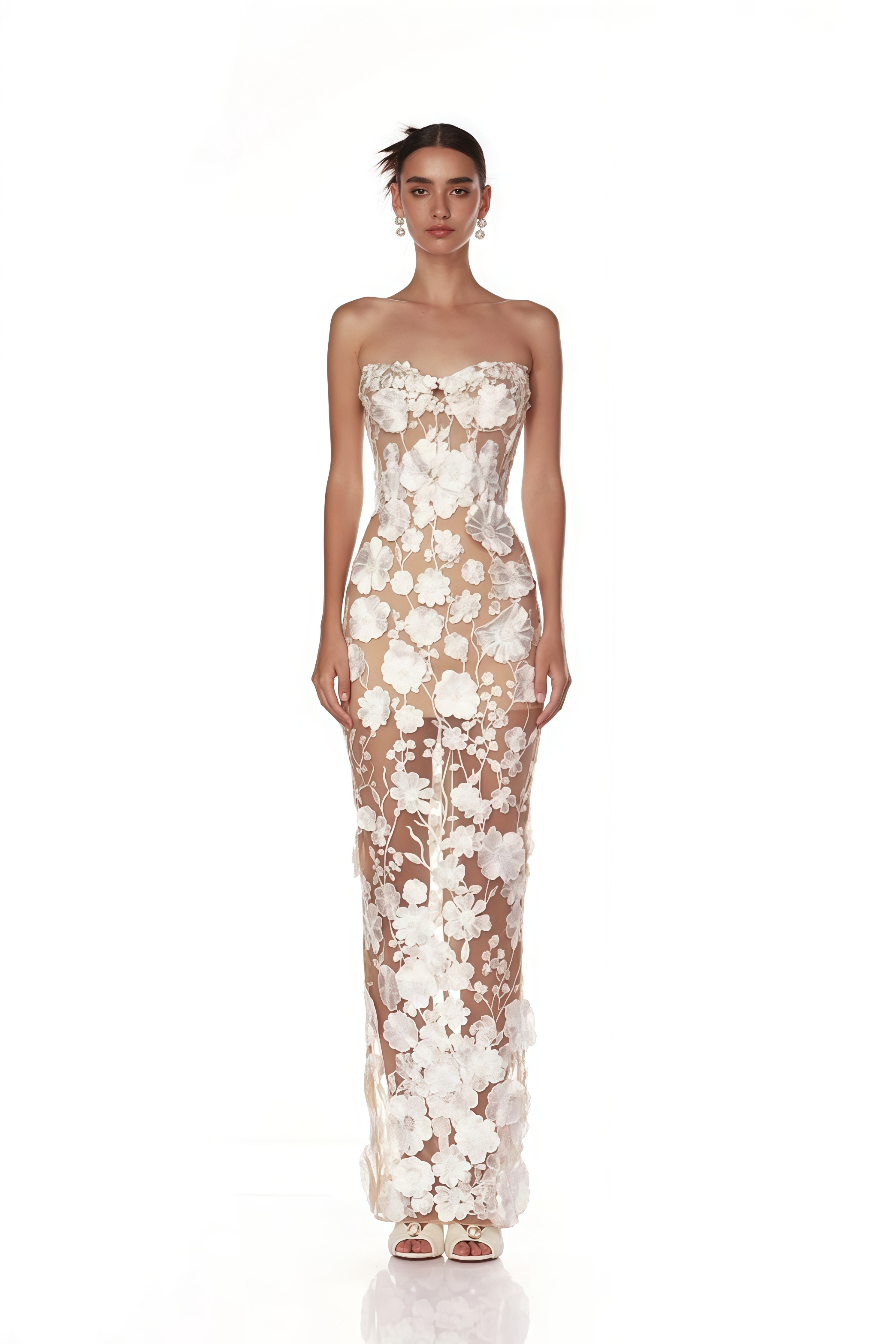 Strapless sheer gown with white 3D floral appliques