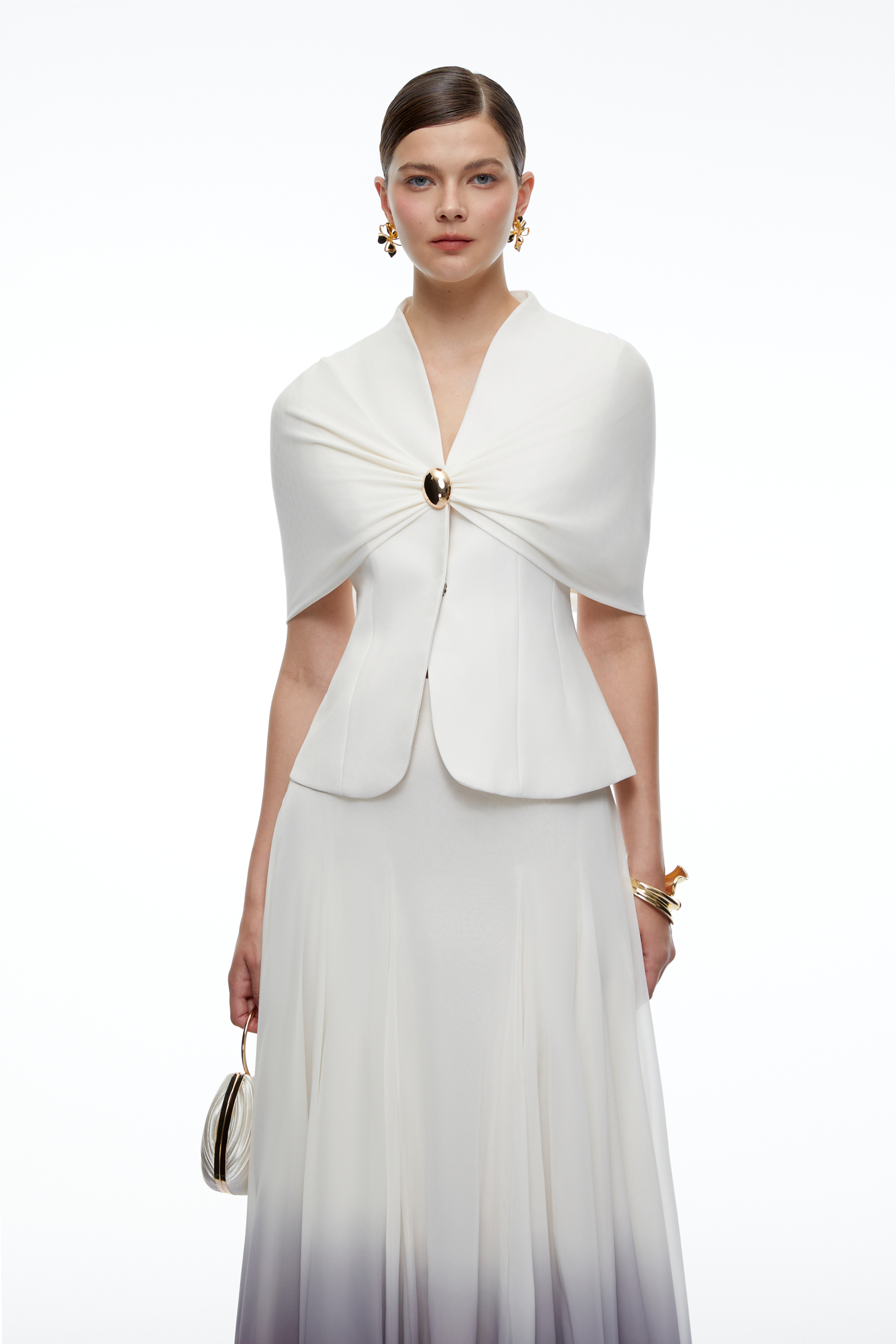 Emilia White V-Neck Ruched Top & Skirt Set