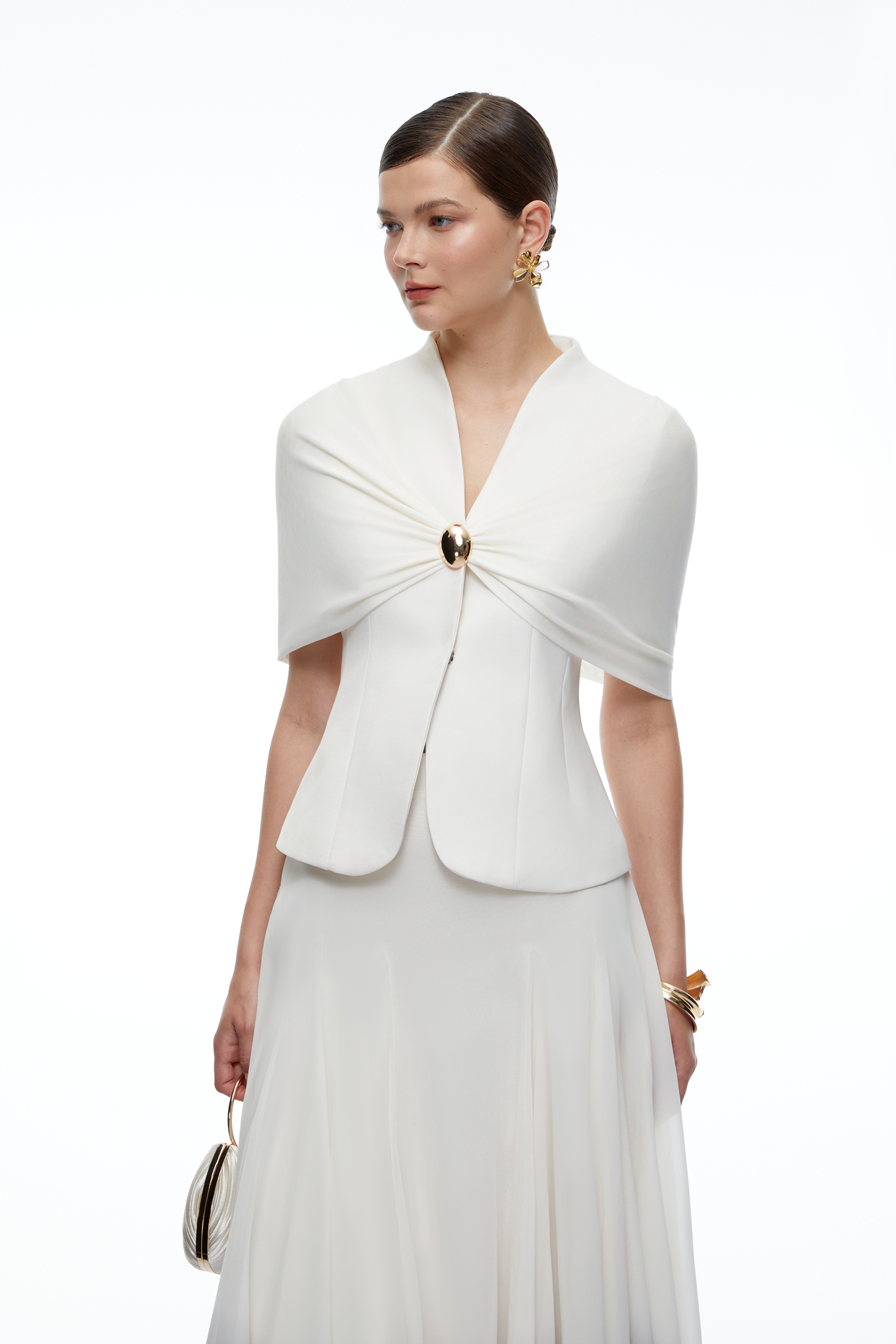 Emilia White V-Neck Ruched Top & Skirt Set