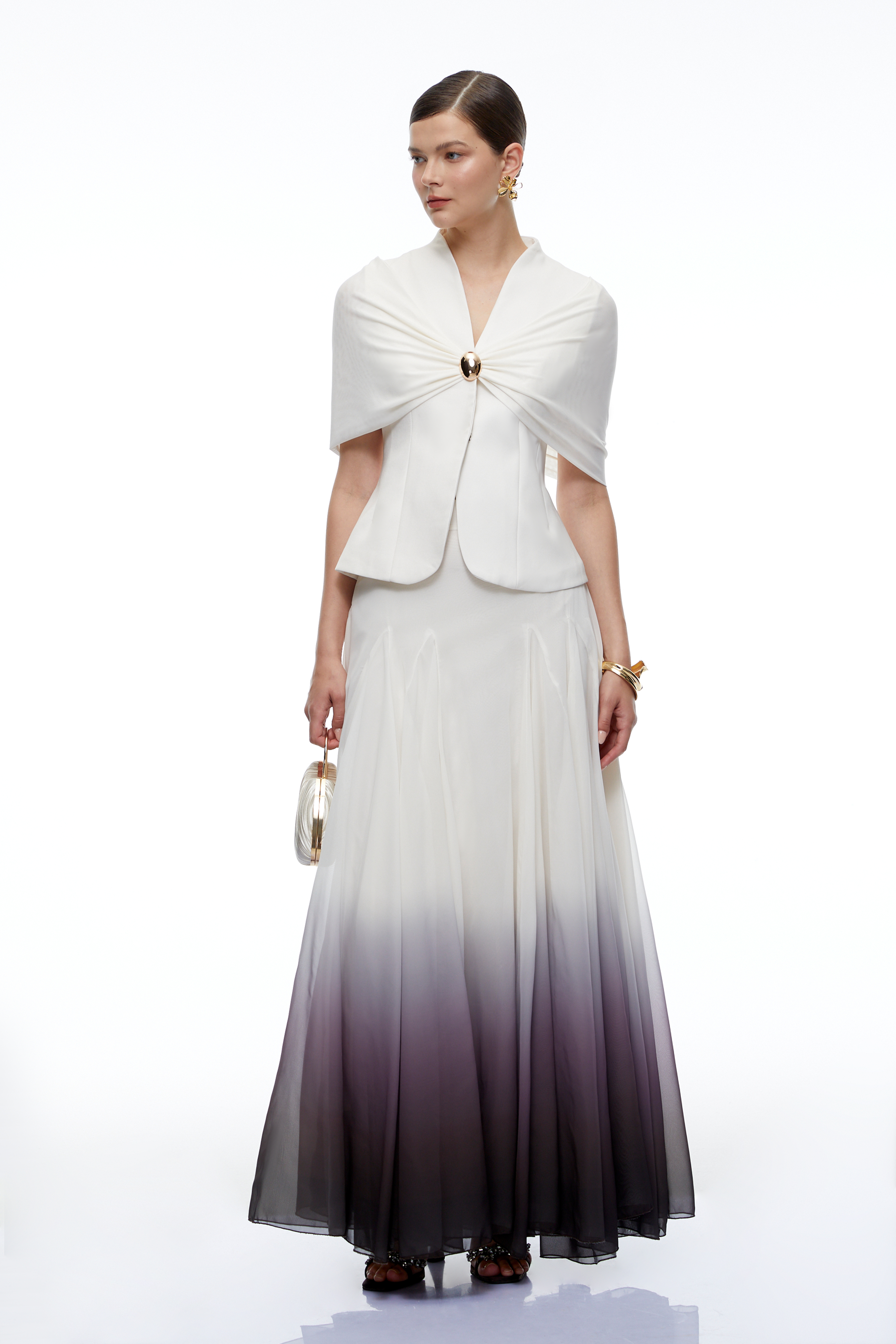 Emilia White V-Neck Ruched Top & Skirt Set