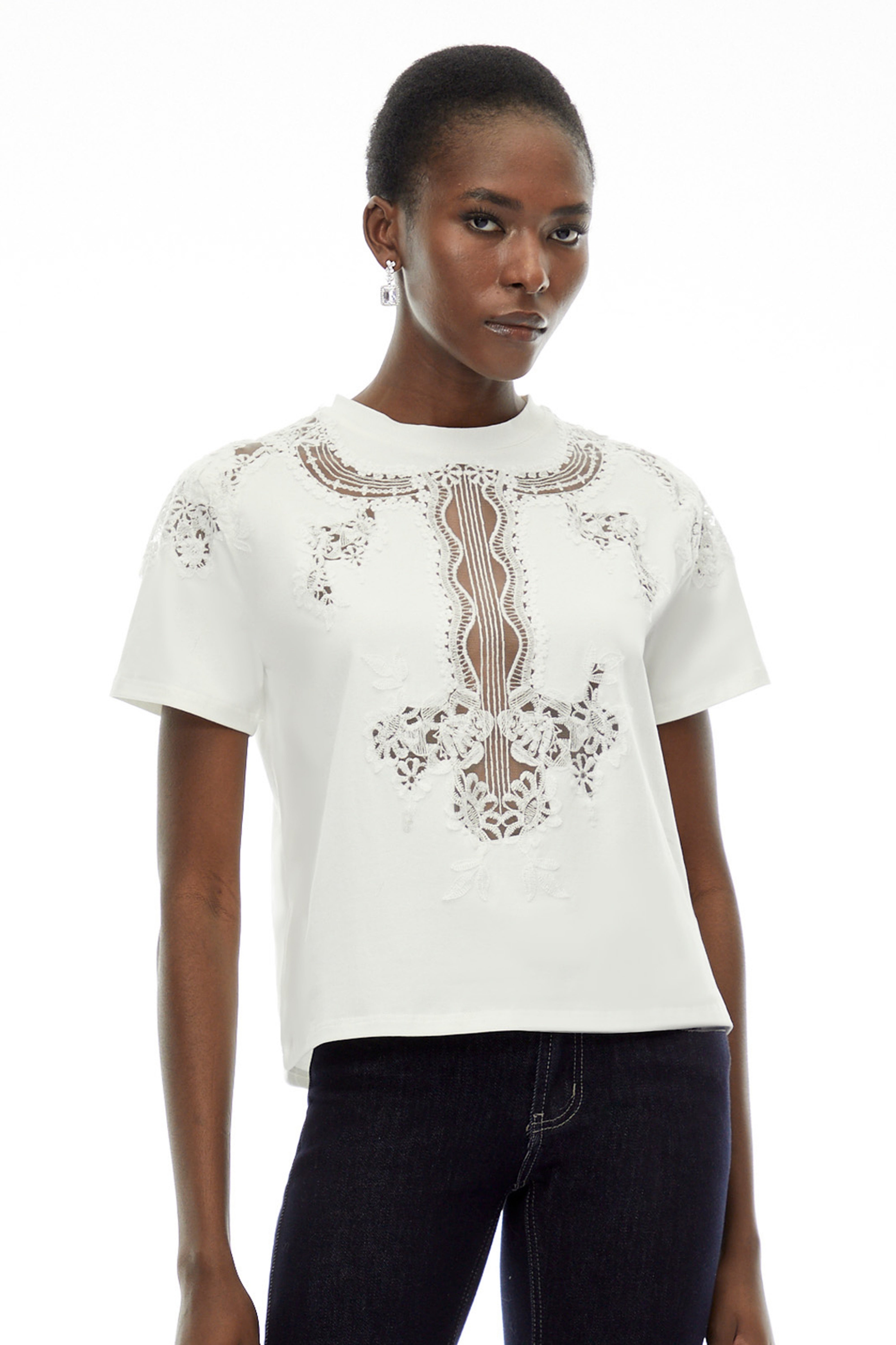 Emma White Floral Lace T-Shirt with Mesh Panels – Miss Rosier