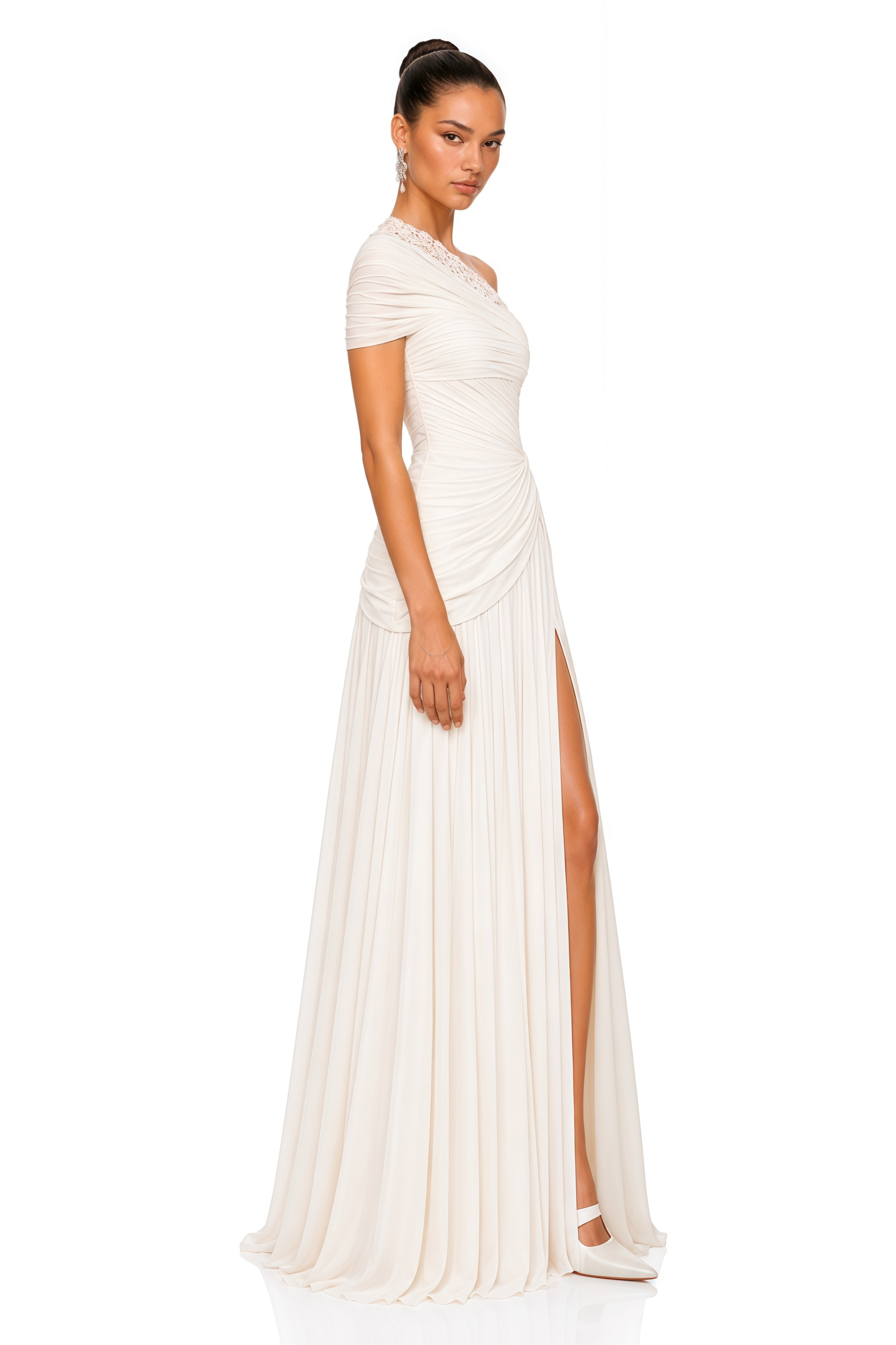 Endora White One-Shoulder Draped Slit Maxi Dress