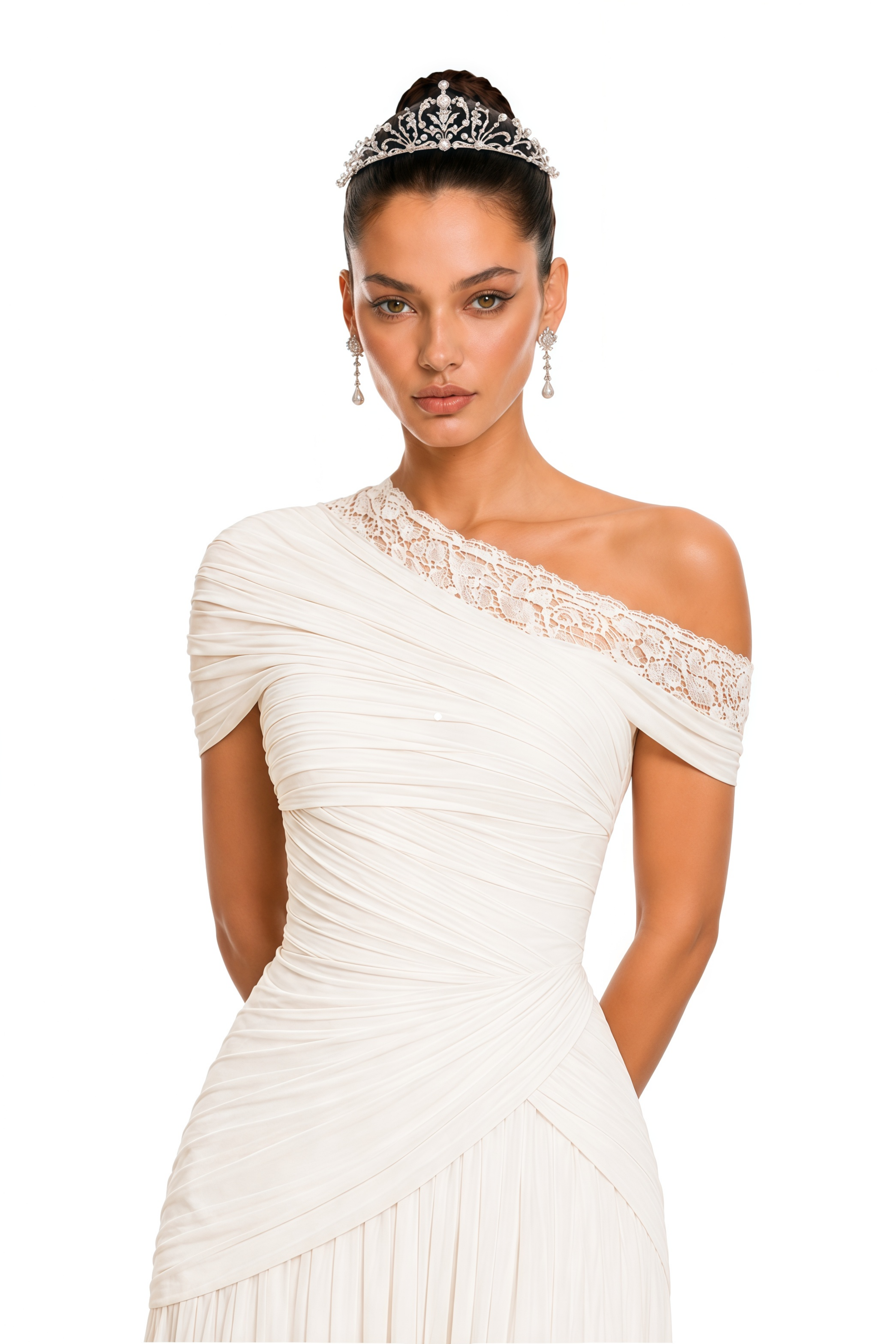 Endora White One-Shoulder Draped Slit Maxi Dress