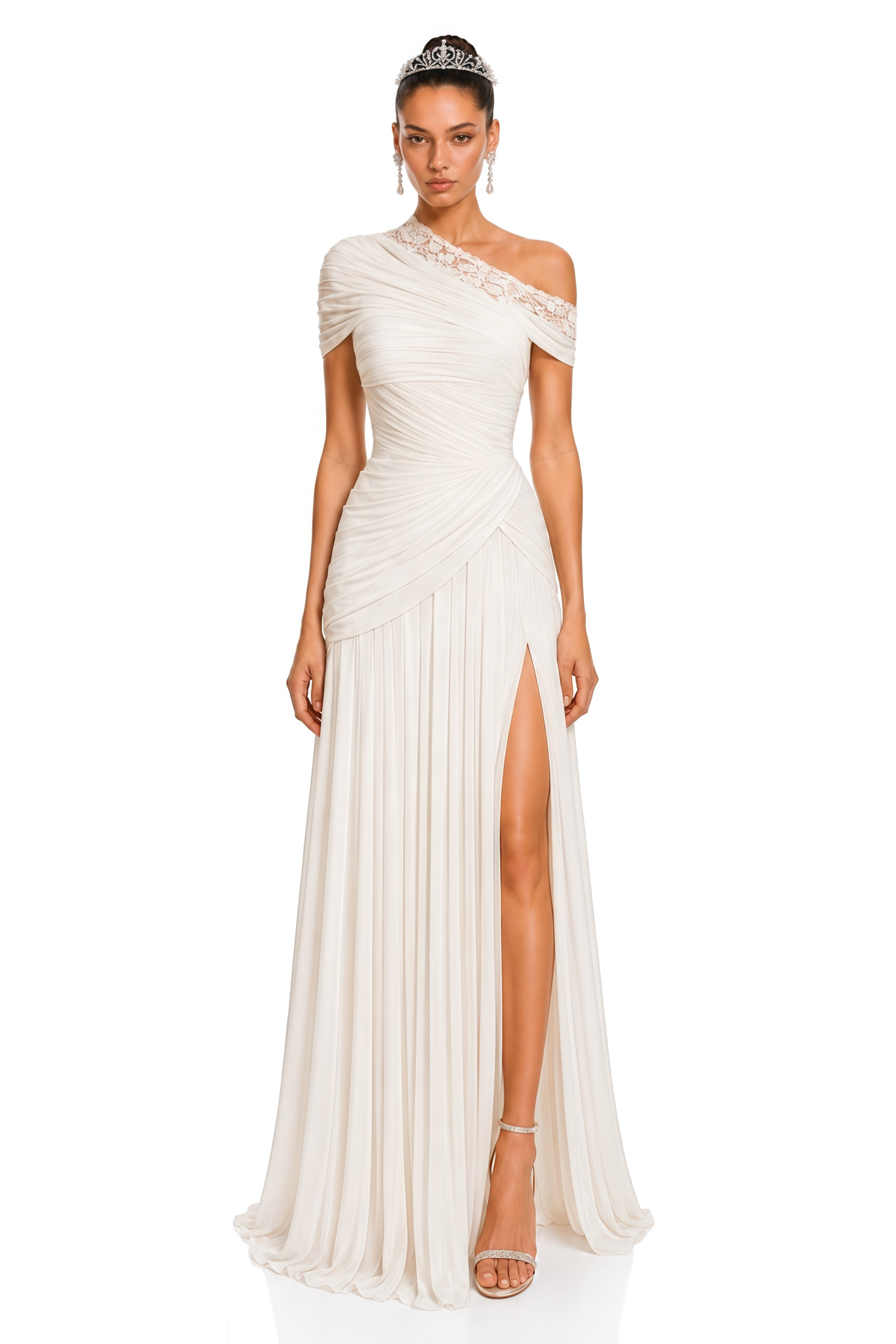 Endora White One-Shoulder Draped Slit Maxi Dress