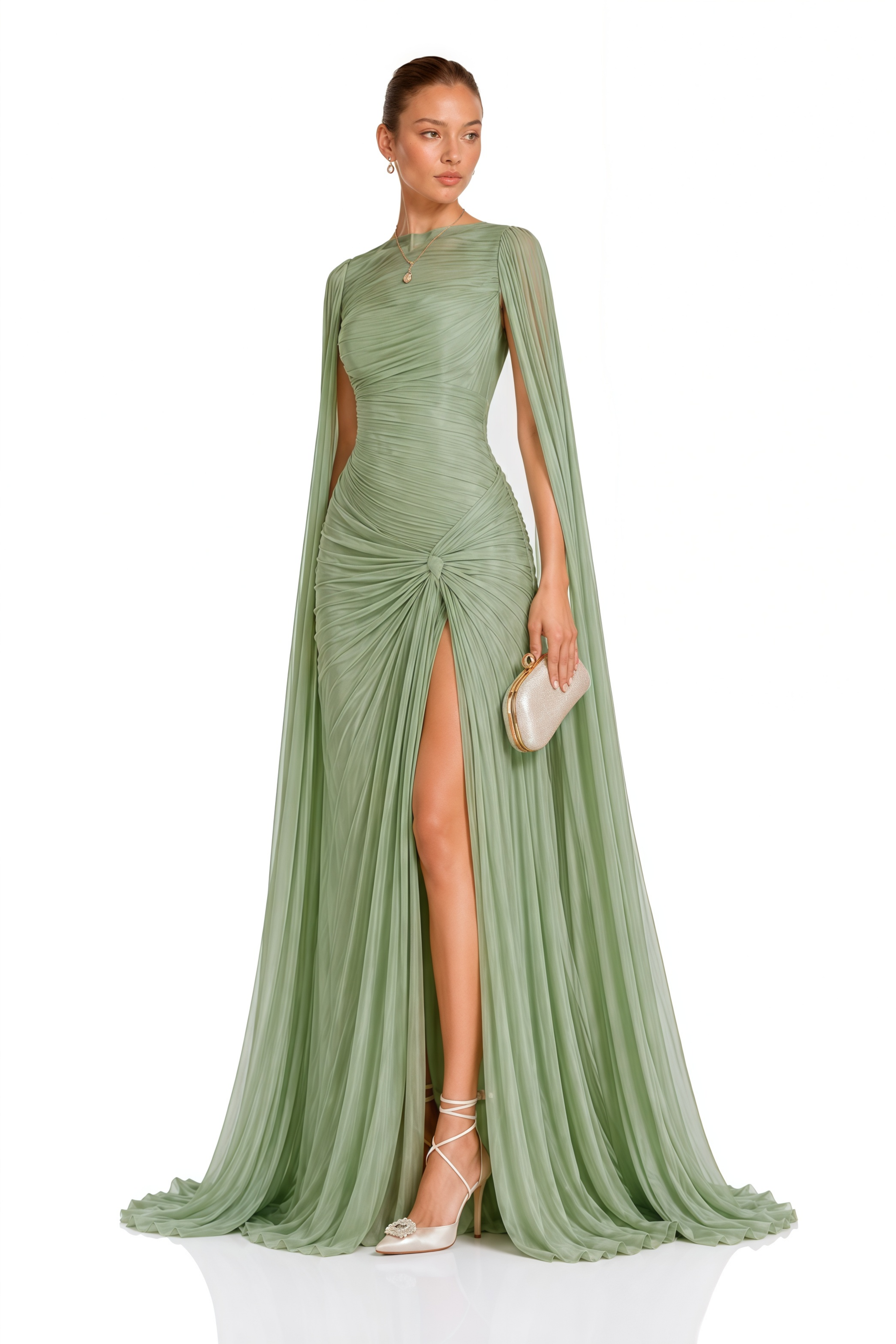 Eowyn Green Cape Sleeves Twist Slit Maxi Dress