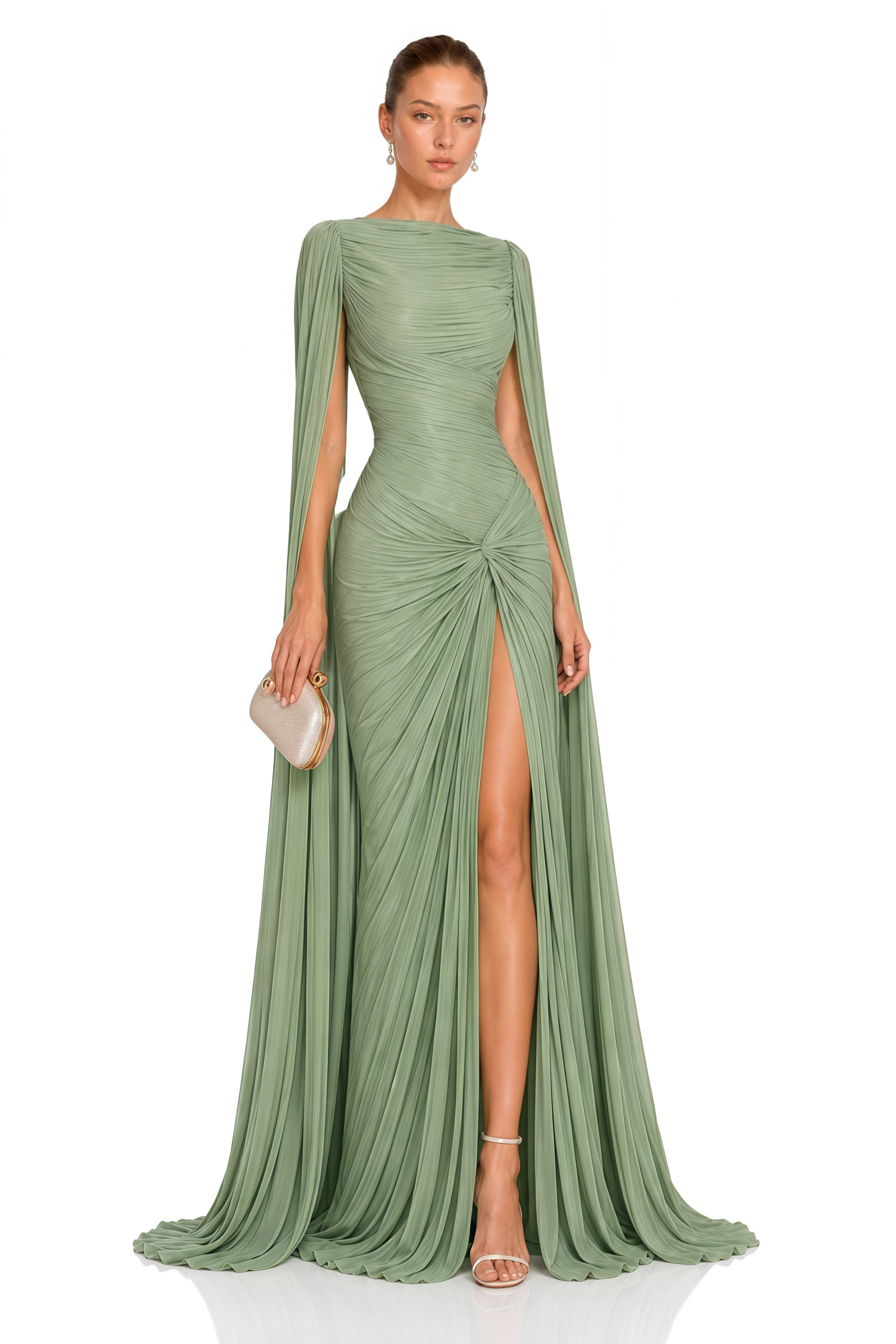 Eowyn Green Cape Sleeves Twist Slit Maxi Dress